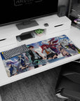 36x16 inches anime girl desk pad featuring fox-eared redhead grinning beside a steel-arm blade hero.