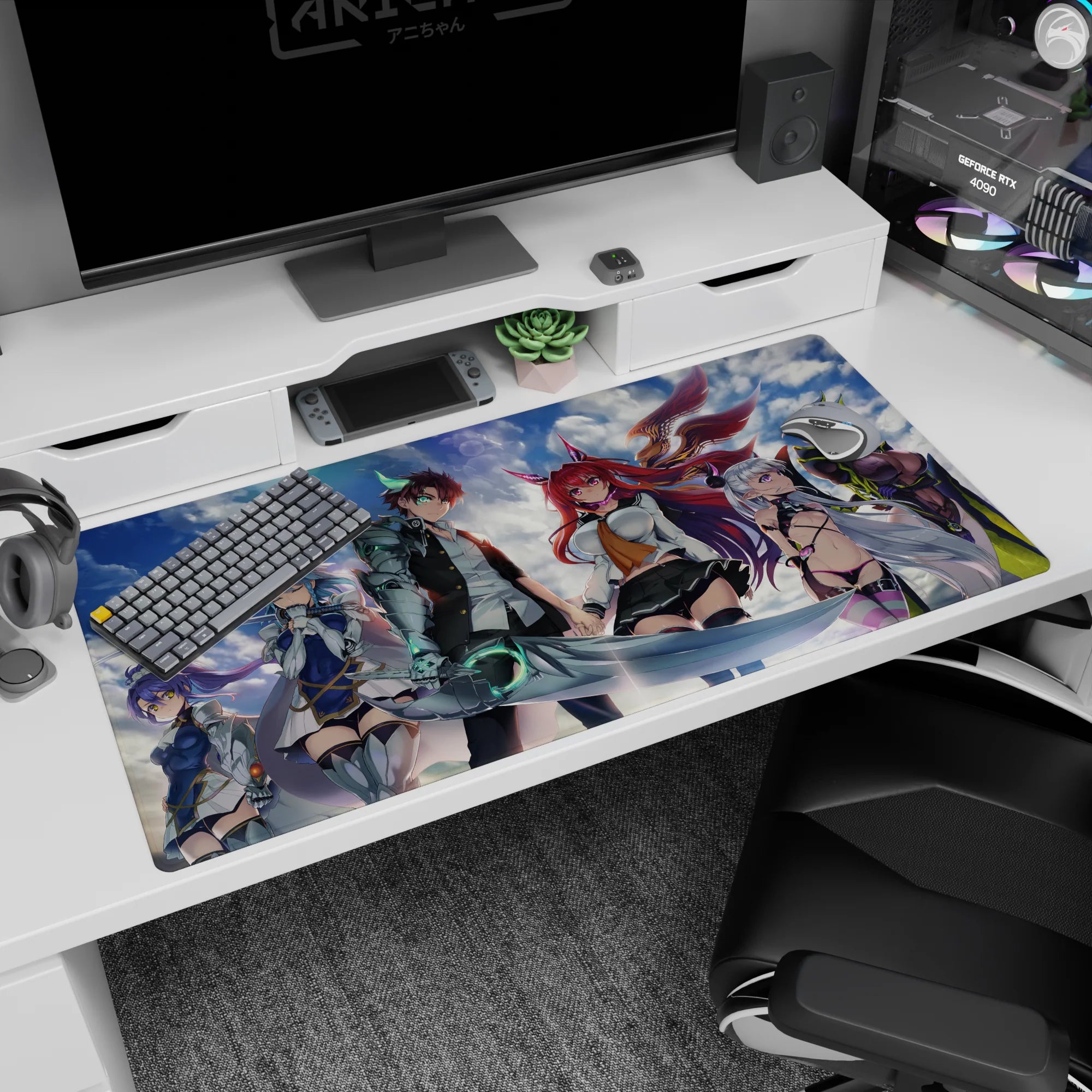Anime desk pad 40x20 inches showing a sharp-eyed hero with glowing steel arm and huge blade beside fox-eared girl.