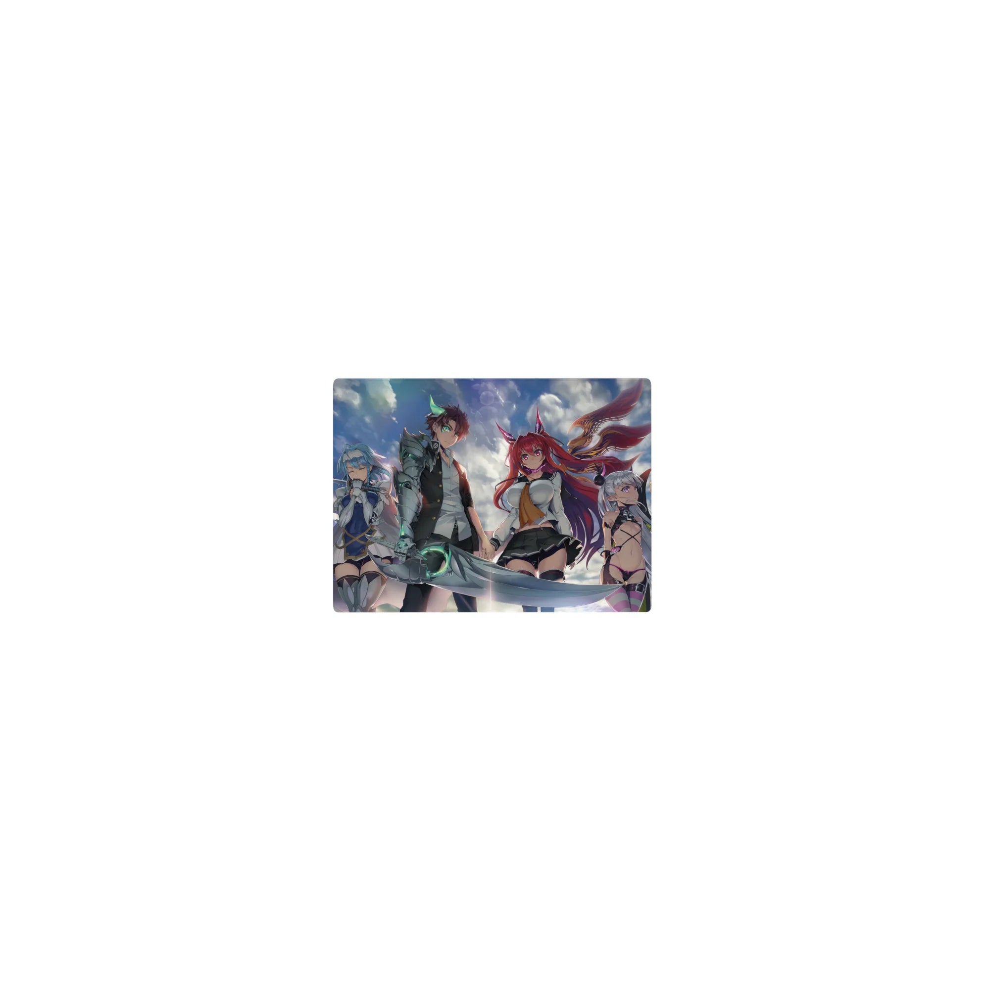 Classic anime girl mouse pad 14x10 inches with hero crew, fox-eared girl, and glowing arm swordsman.