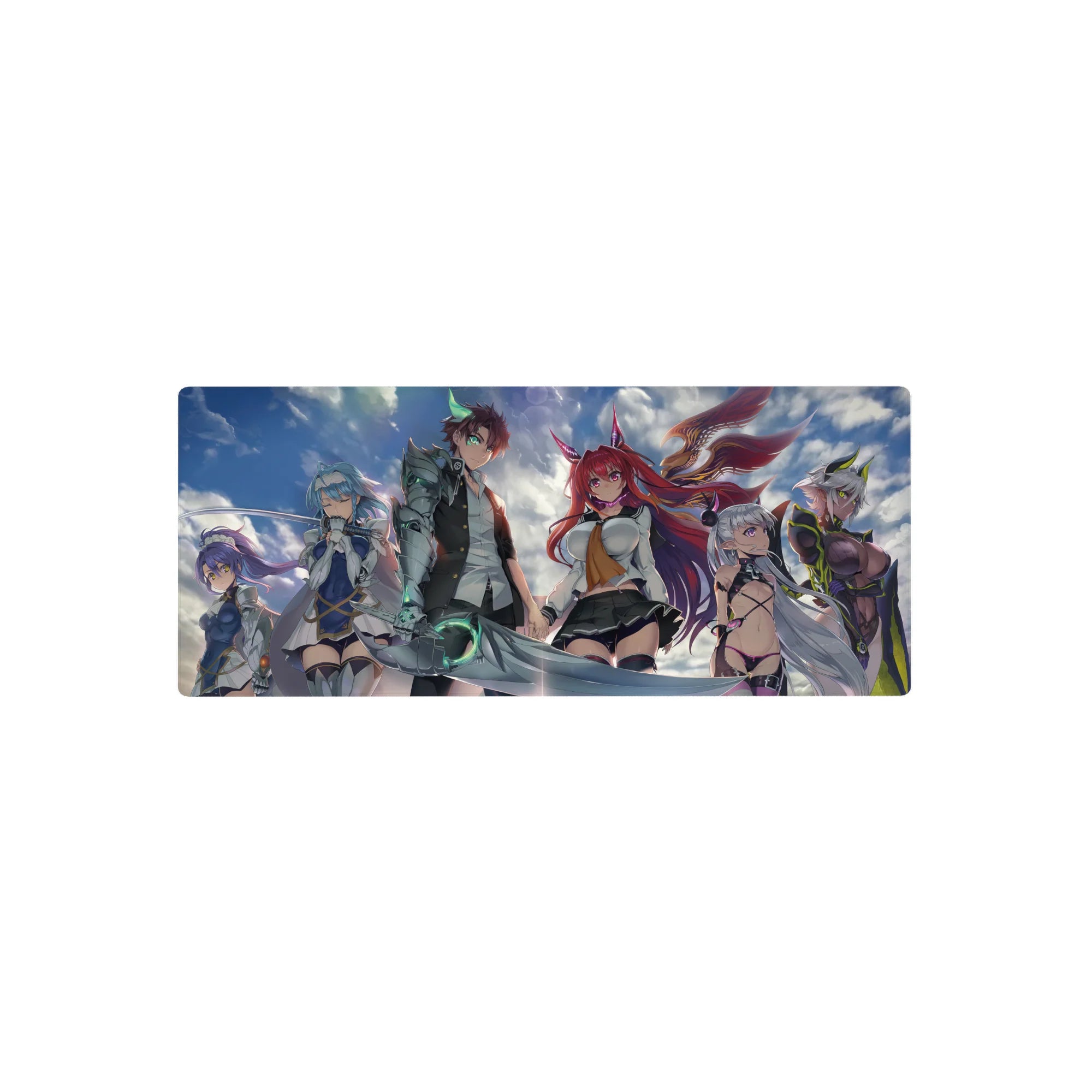 28x12 inches anime girl mouse pad with stormy sky hero crew, glowing steel arm swordsman, fox-eared girl.