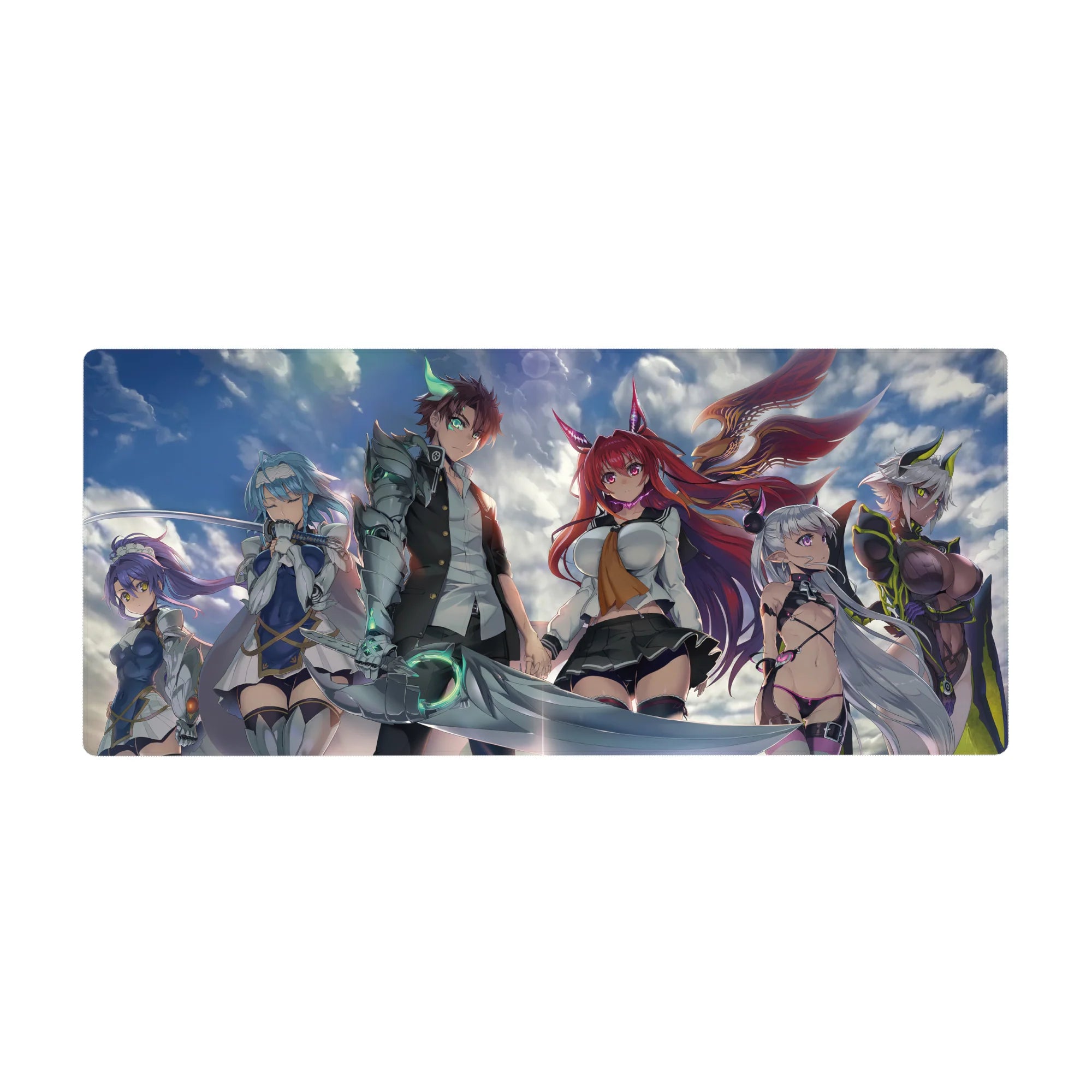 36x16 inches anime girl desk pad with stormy clouds, hero crew, fox-eared girl, and glowing arm swordsman.