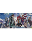 36x16 inches anime girl desk pad with stormy clouds, hero crew, fox-eared girl, and glowing arm swordsman.