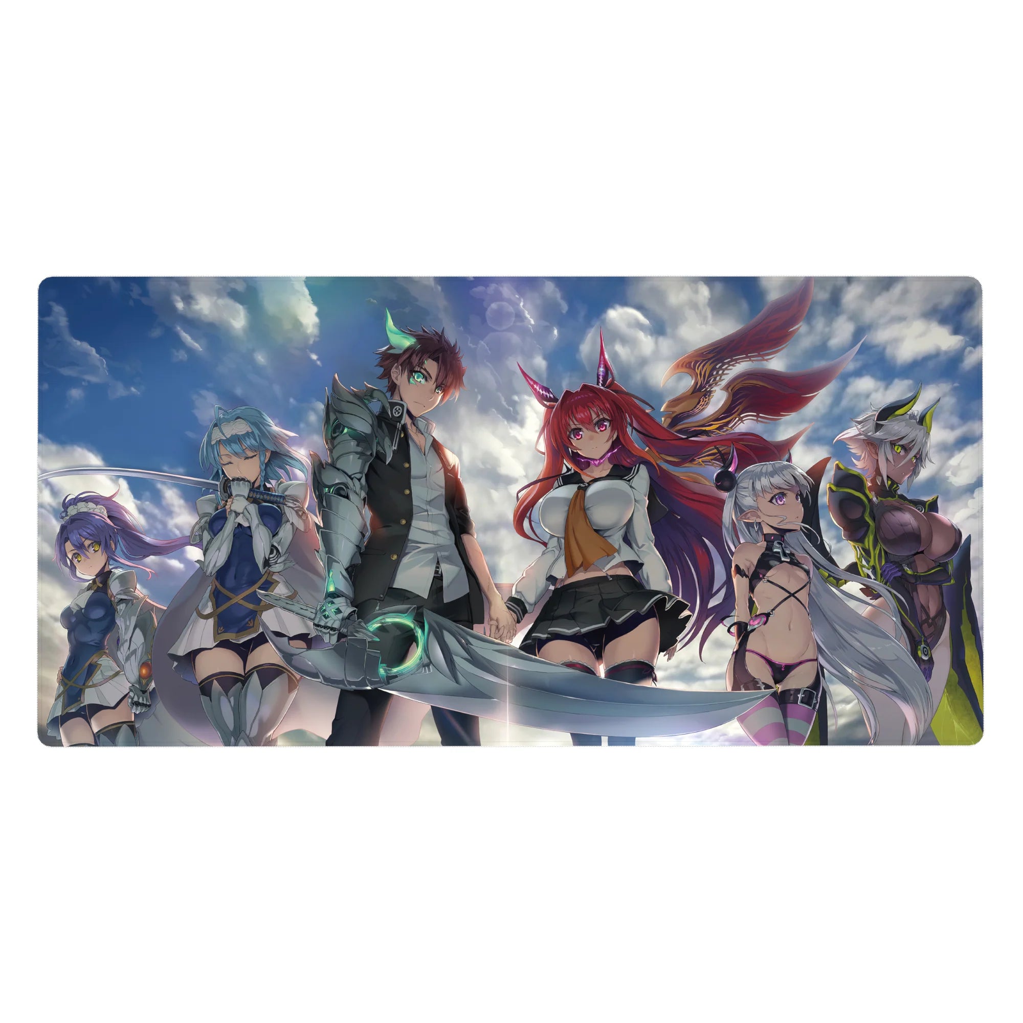 Anime girl desk pad 40x20 inches with stormy clouds, hero crew, neon armor details, and glossy shine.