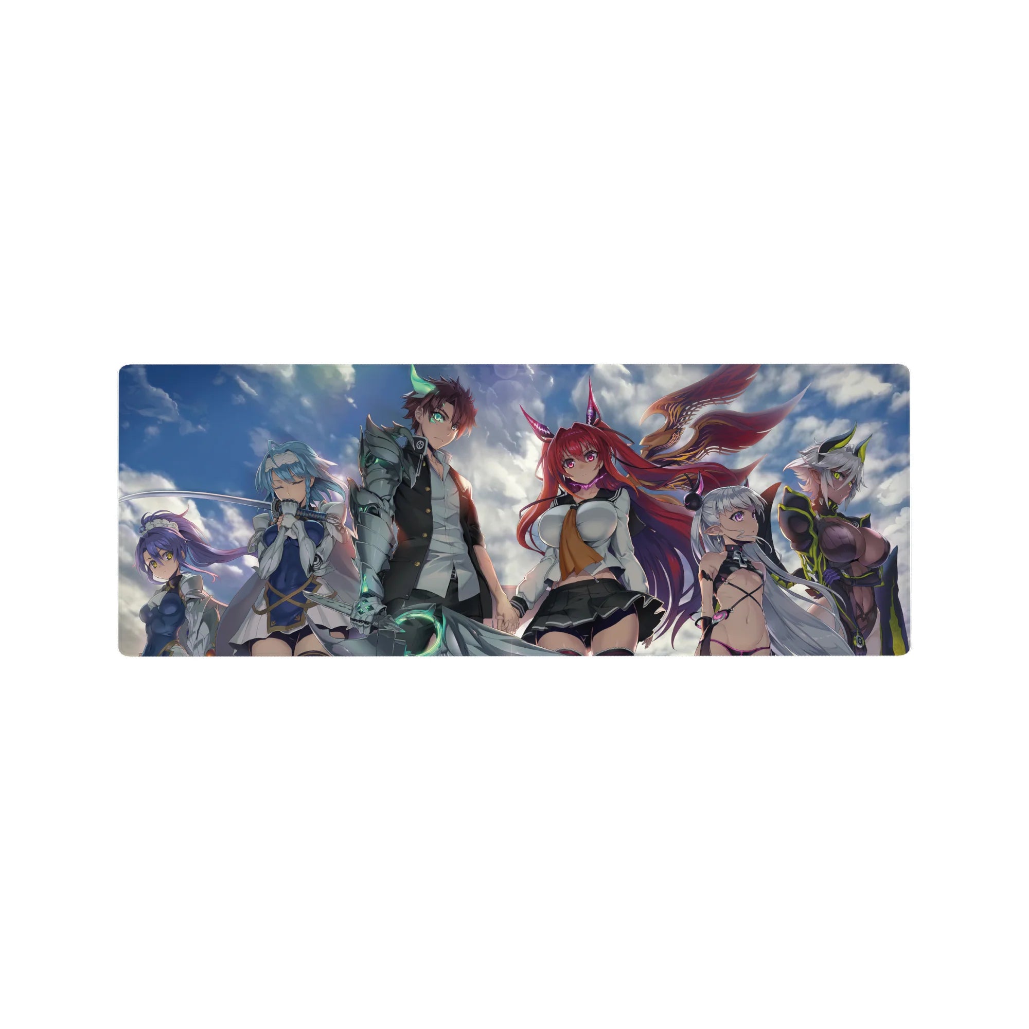 Stormy hero crew anime girl mouse pad, glowing steel arm and massive blade, 32x12 inches.