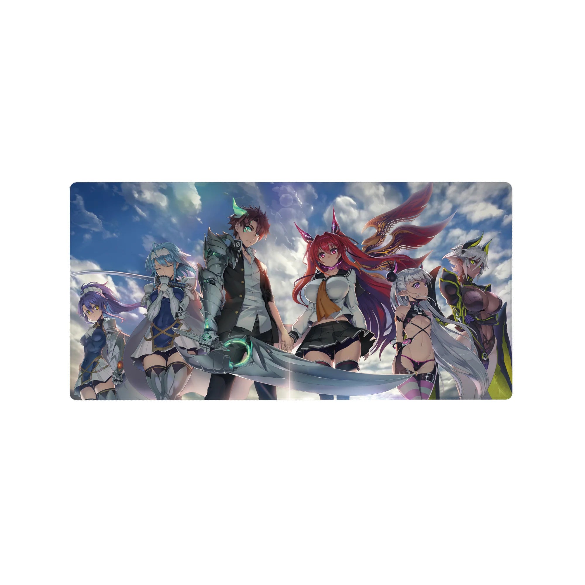 32x16 inches anime girl mouse pad with stormy sky hero crew, glowing steel arm swordsman and fox girl.