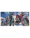 32x16 inches anime girl mouse pad with stormy sky hero crew, glowing steel arm swordsman and fox girl.