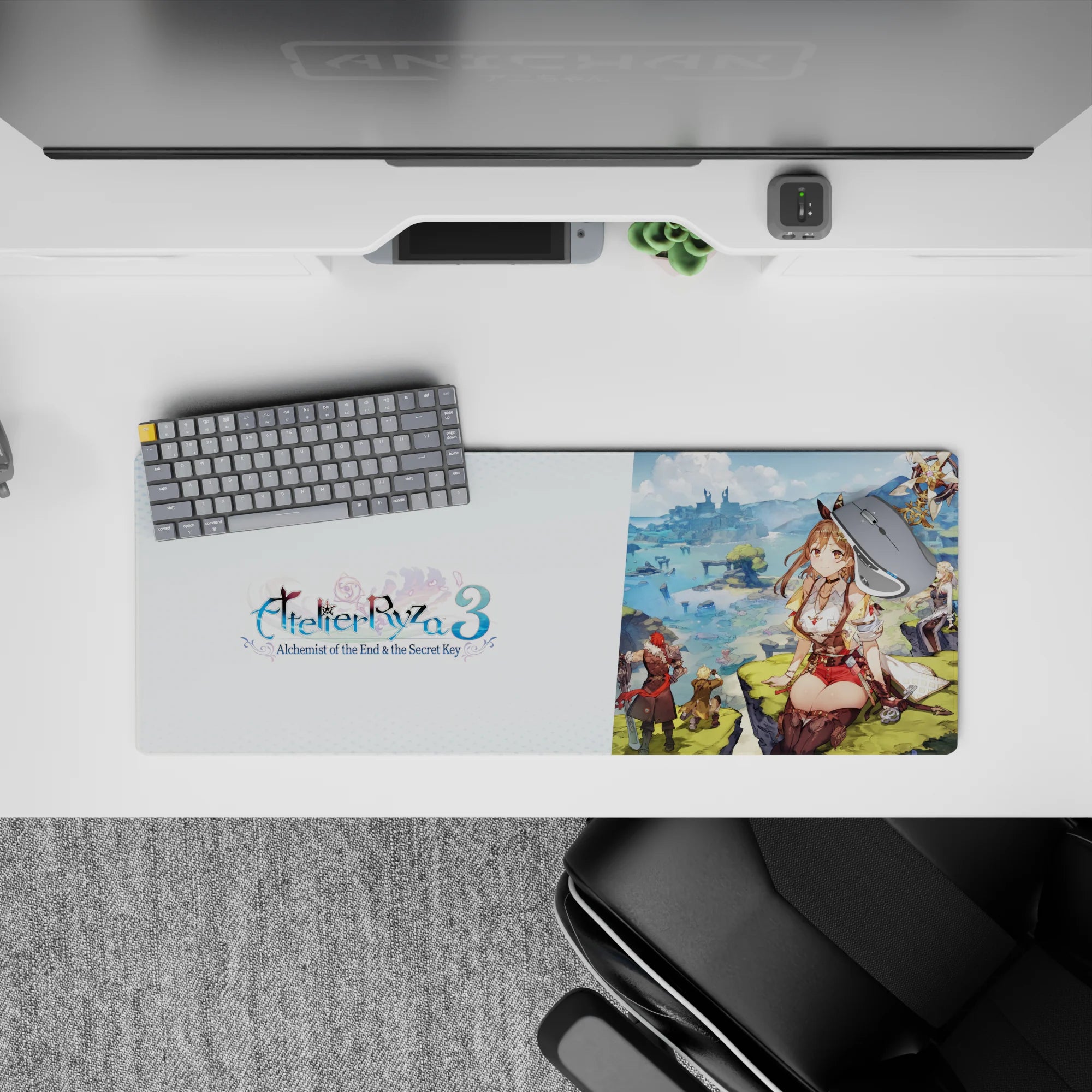32x12 inches desk mat in warm browns and soft creams with gold accents, bright fantasy adventure mood.