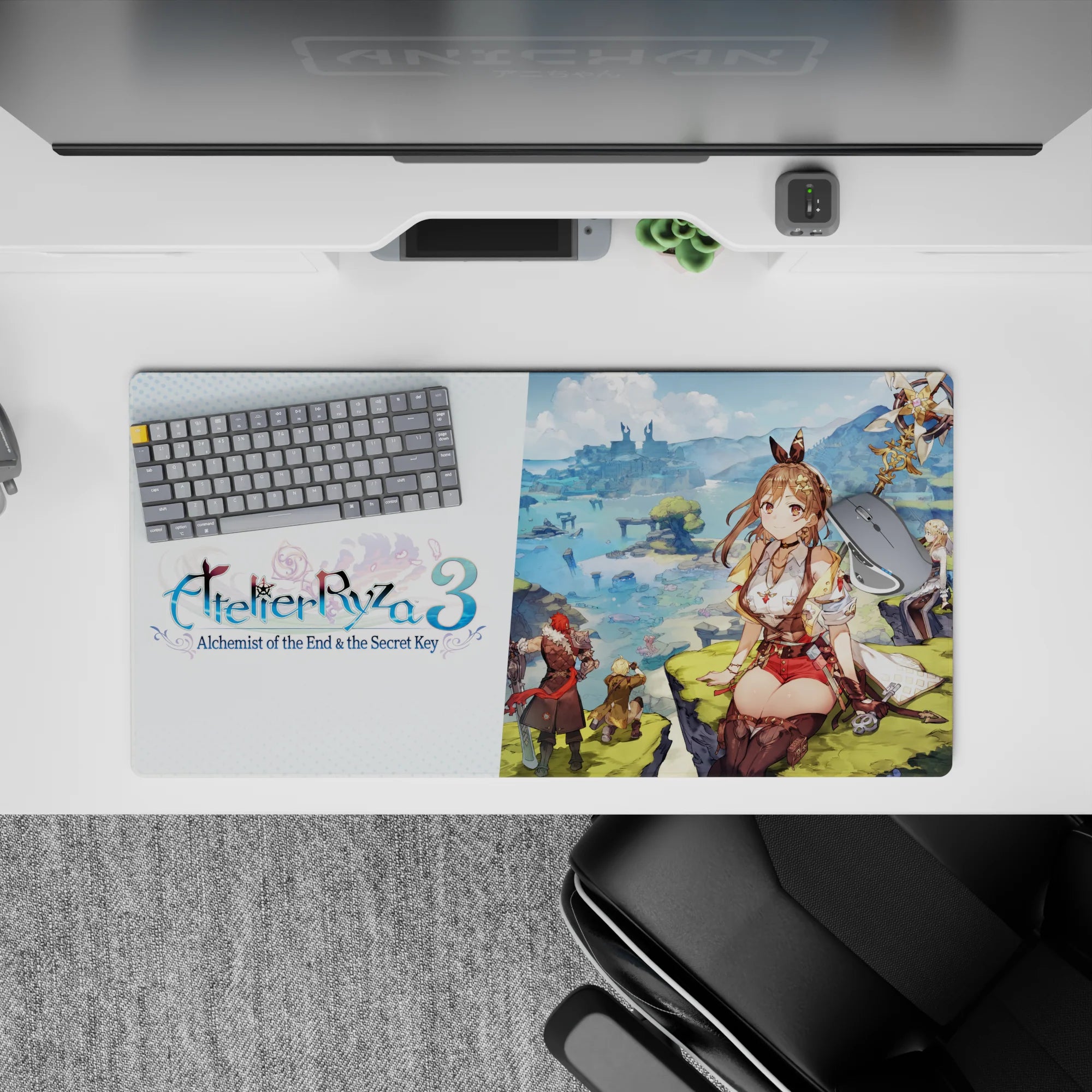 32x16 inches anime girl mouse pad in warm browns and soft creams with gold accents, bright cozy adventure mood.