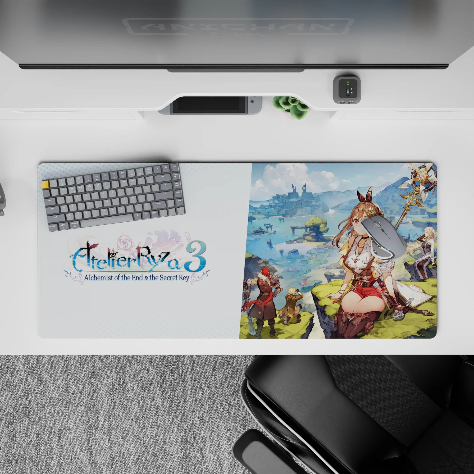Warm brown and cream anime desk pad 36x16 inches with gold accents and bright, cozy adventure mood.