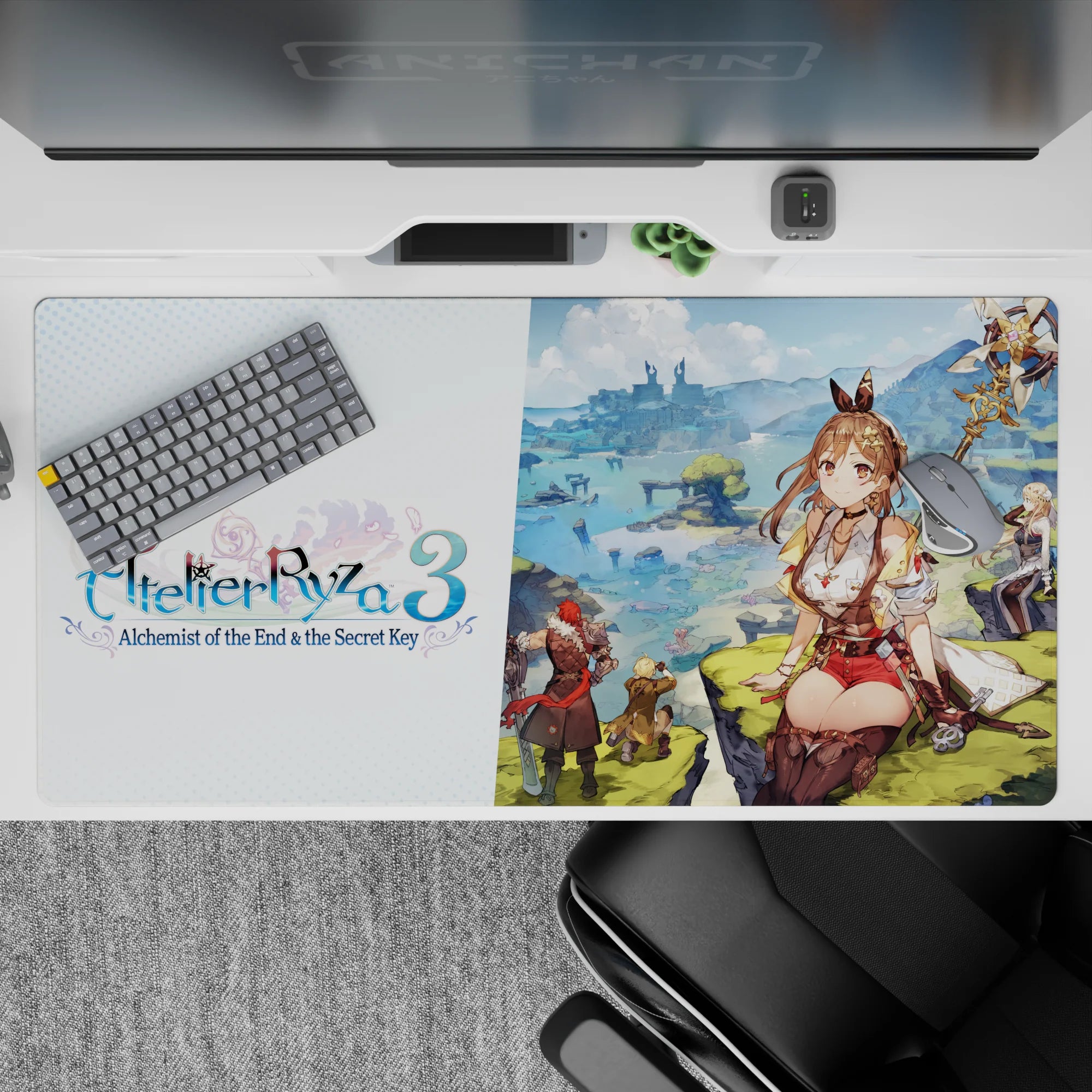 Cozy adventure anime desk pad 40x20 inches in warm browns, soft creams, and gold accents.