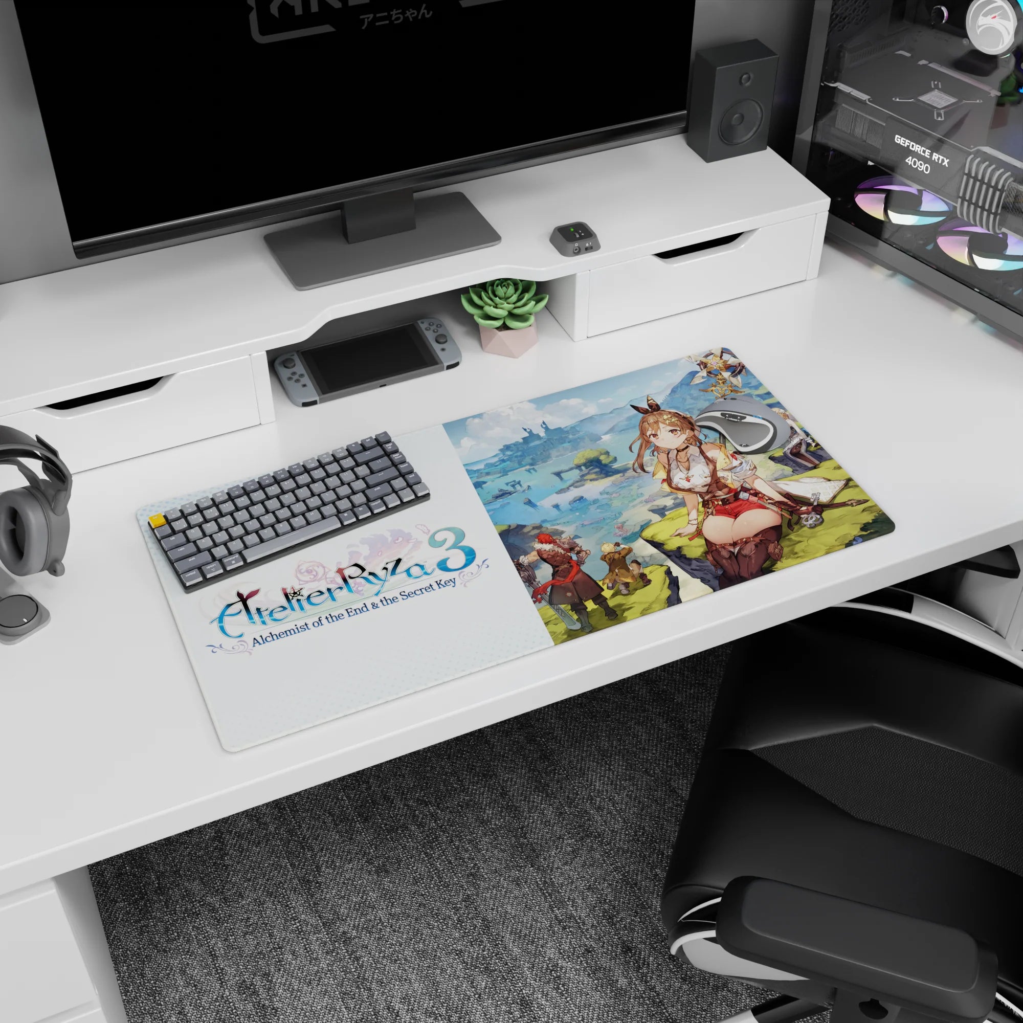 32x16 inches Atelier Ryza 3 Ryza mouse pad, smiling with staff on a sunny cliff over dreamy blue water.
