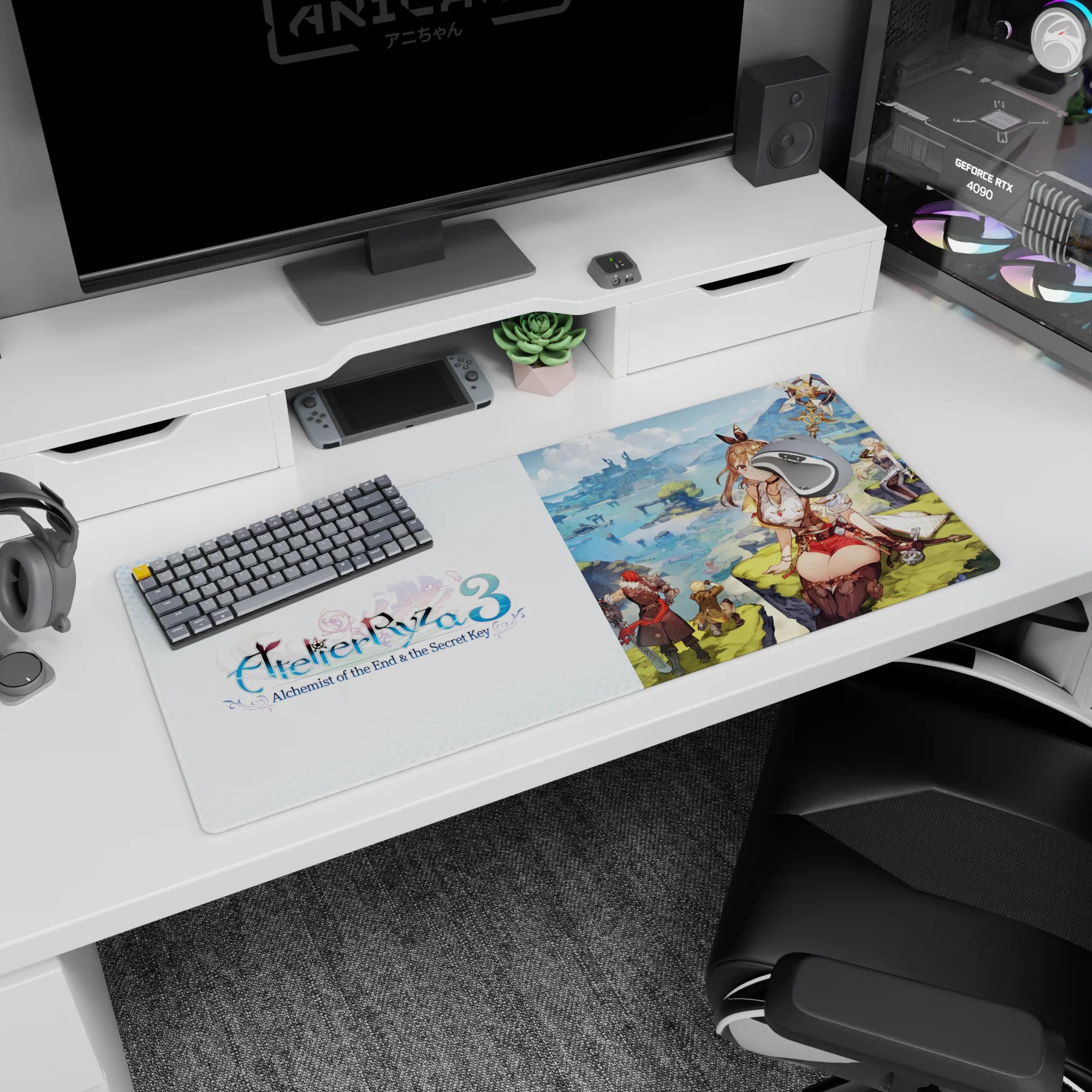 Atelier Ryza 3 Ryza desk pad 36x16 inches, smiling with staff on sunny cliff over dreamy lagoons.