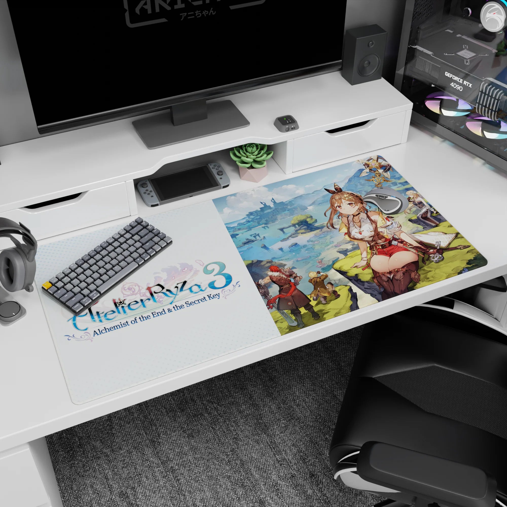 Ryza from Atelier Ryza 3 on a sunny cliff above blue lagoons, anime desk pad 40x20 inches.