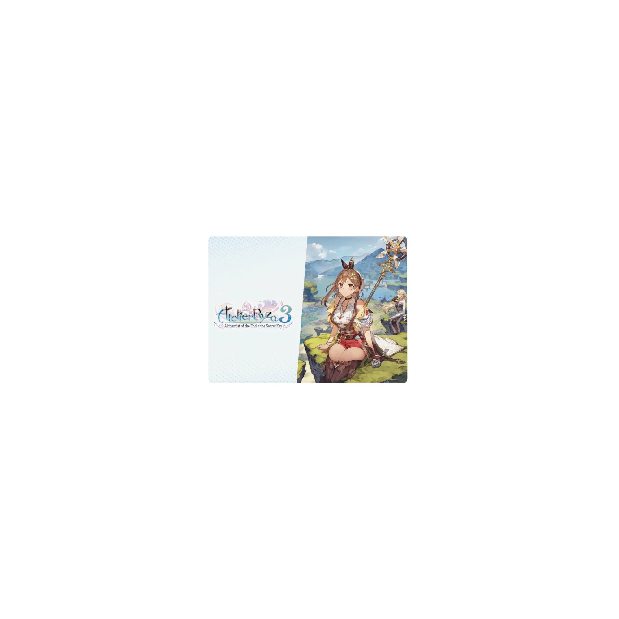 Classic anime girl mouse pad 14x10 inches with Ryza on a cliff above blue lagoons and ancient ruins.
