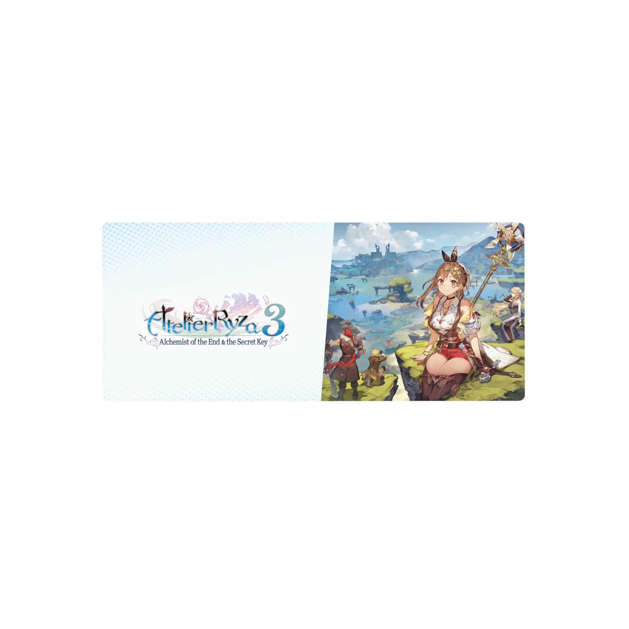 Anime girl mouse pad 28x12 inches featuring cliffside adventurer with staff, lagoons and ruins backdrop.
