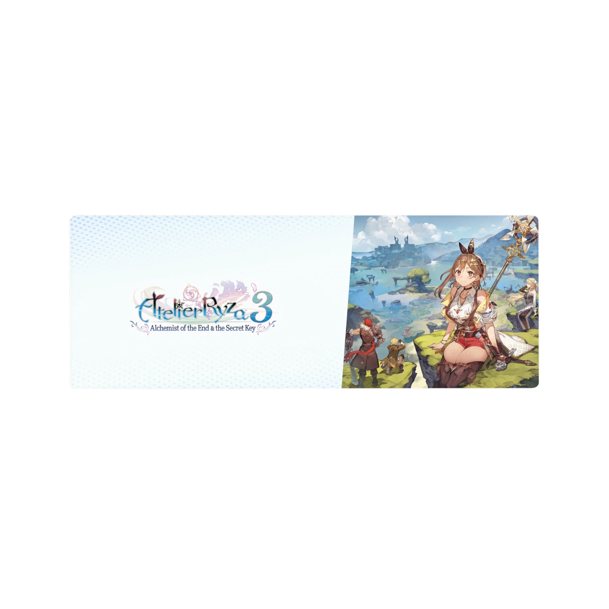 32x12 inches anime girl mouse pad with Ryza on a cliff above blue lagoons and ancient ruins.