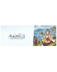 32x12 inches anime girl mouse pad with Ryza on a cliff above blue lagoons and ancient ruins.