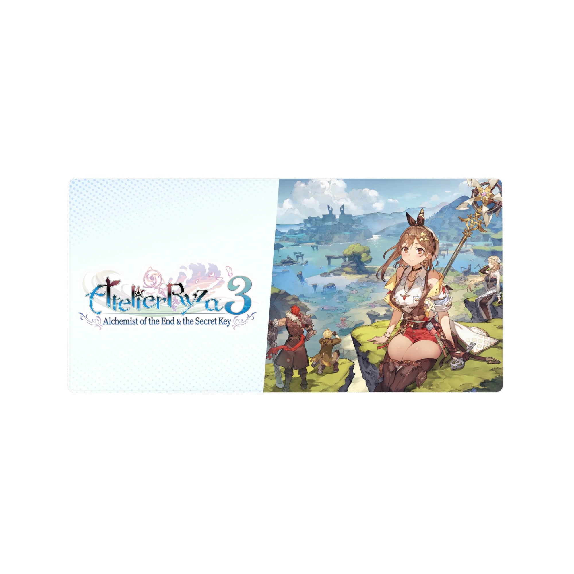 32x16 inches anime girl mouse pad with Ryza on a cliff above blue lagoons and distant ruins, fantasy art.