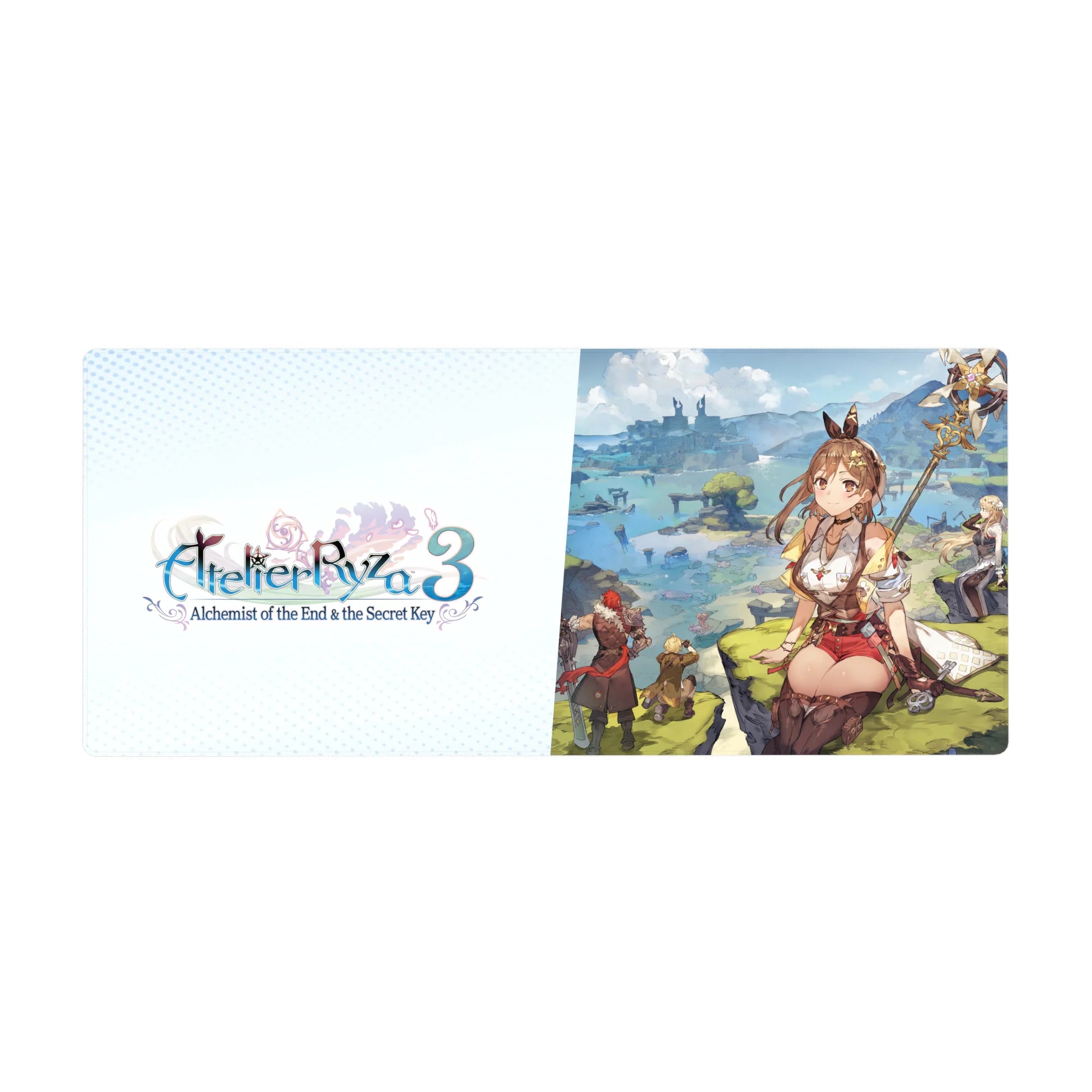Anime girl desk pad 36x16 inches with Ryza on a cliff above blue lagoons and fantasy ruins.