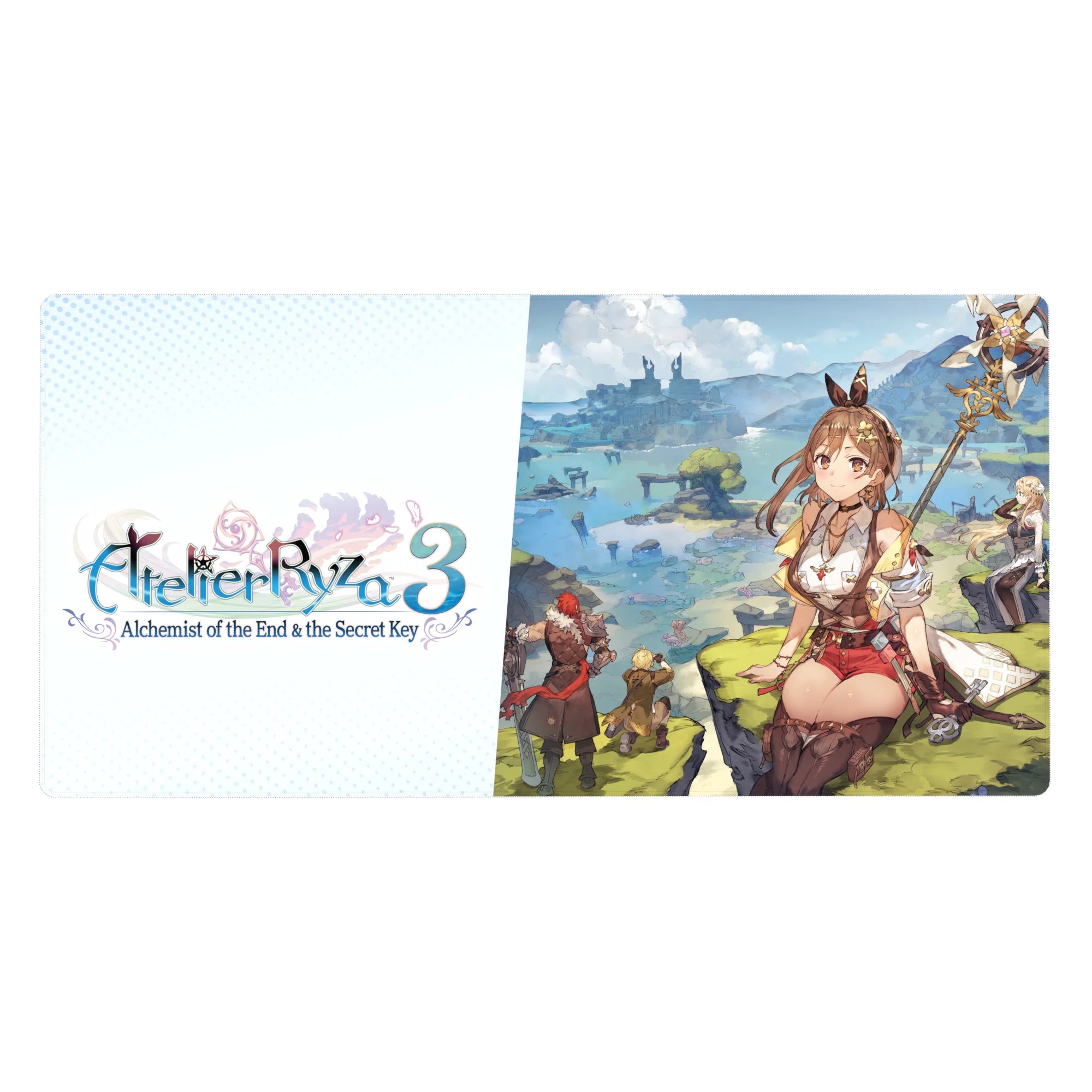 Anime girl desk pad 40x20 inches with cliffside fantasy lagoon scene, ruins backdrop, and staff pose.