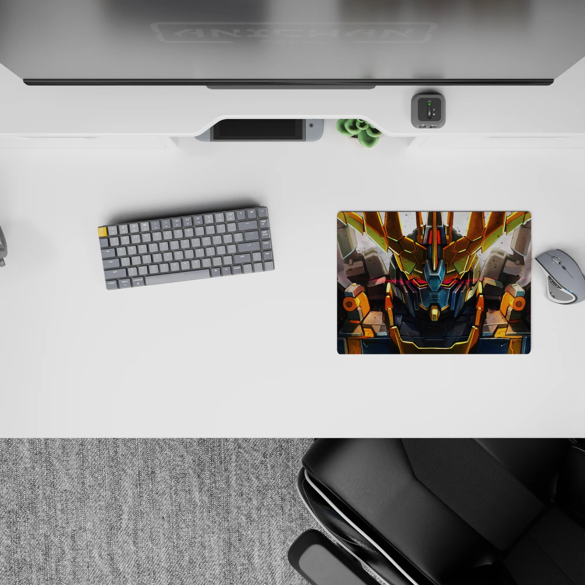 14x10 inches anime mouse pad in steel gray with gold V-fin and red visor glow, intense warzone vibe.