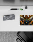 14x10 inches anime mouse pad in steel gray with gold V-fin and red visor glow, intense warzone vibe.