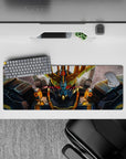 32x12 inches anime mouse pad in steel gray with gold V-fin and red visor glow, intense battle mood.