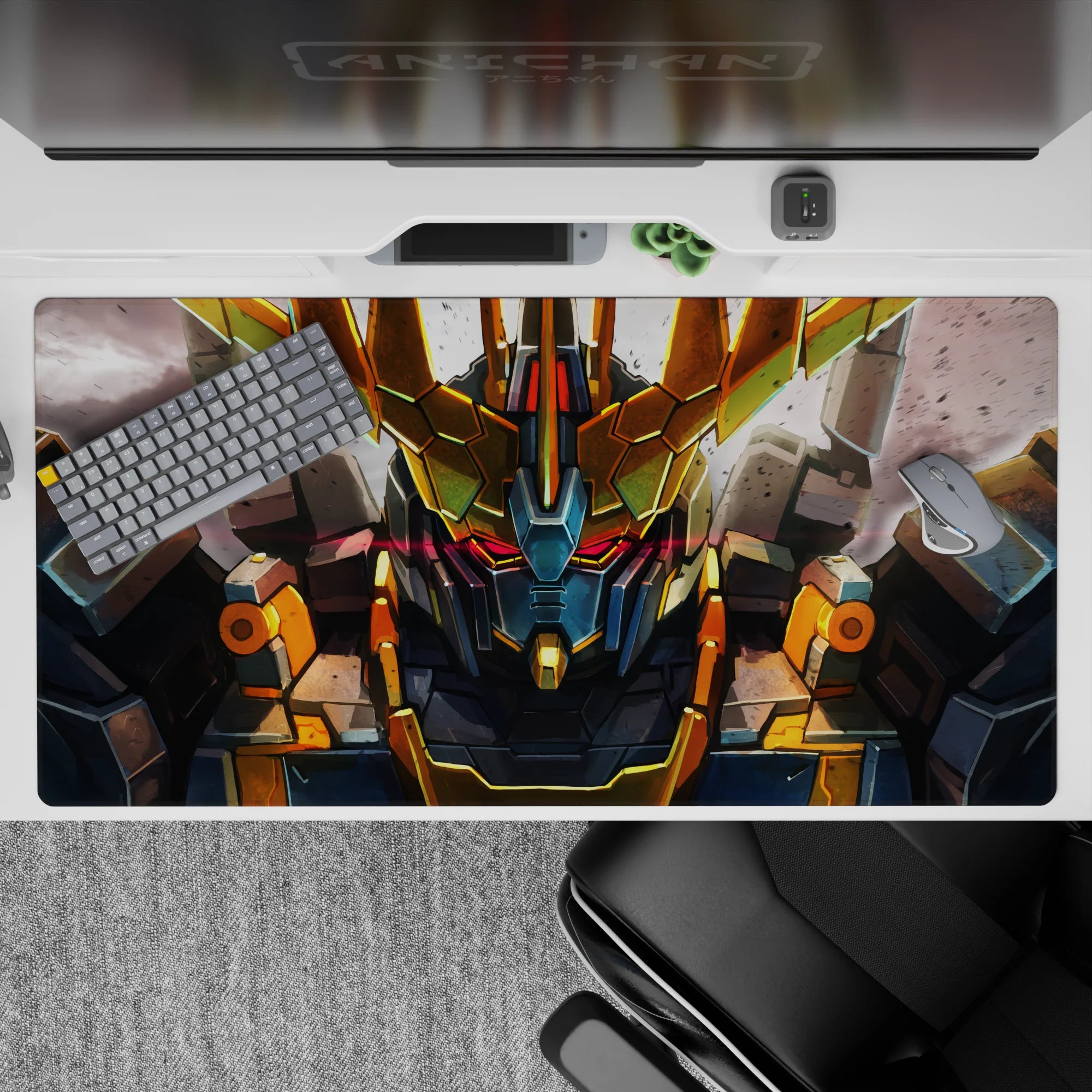 40x20 inches anime mouse pad in steel gray with gold V-fin and red visor glow, intense battle mood.