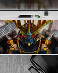 40x20 inches anime mouse pad in steel gray with gold V-fin and red visor glow, intense battle mood.
