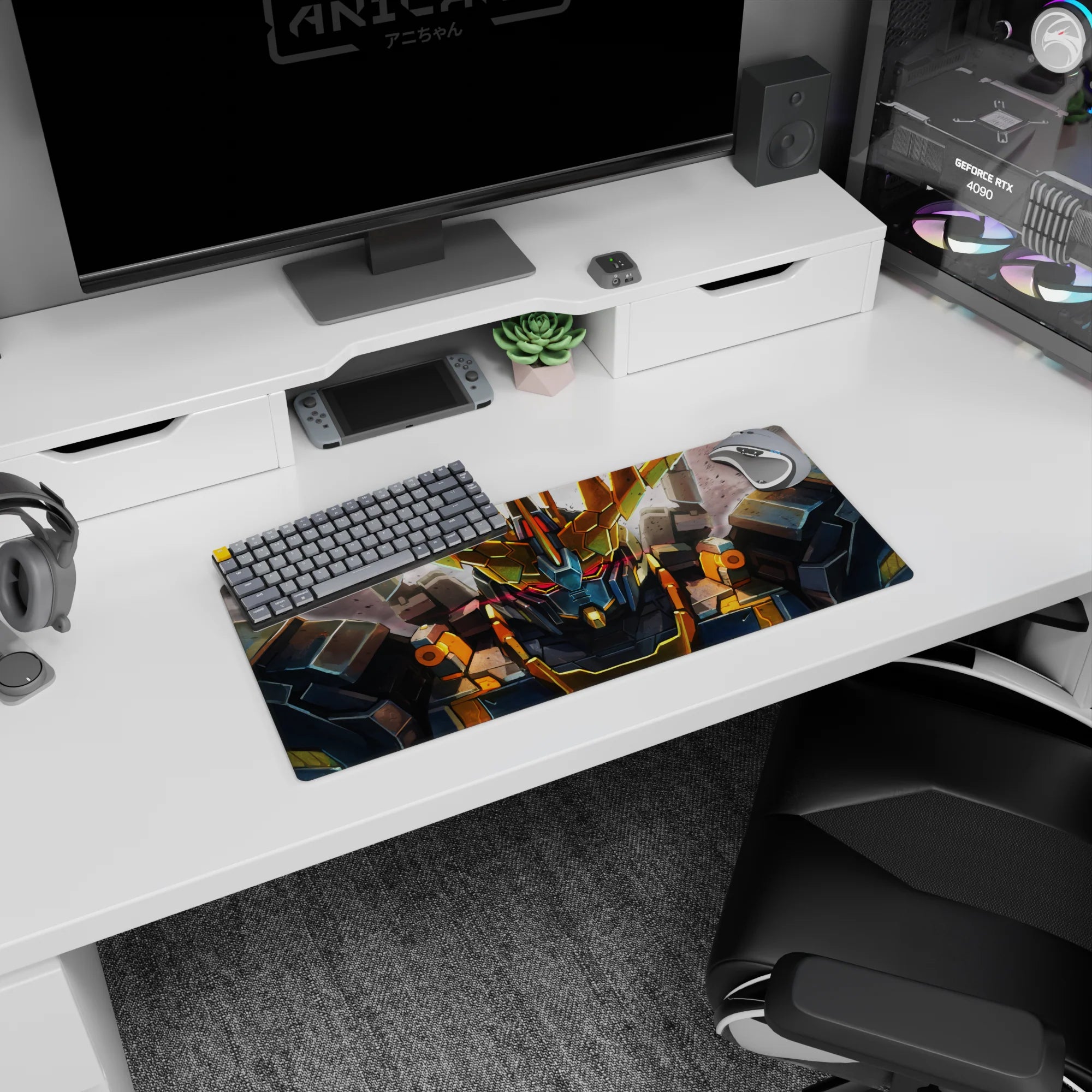 28x12 inches anime mouse pad featuring Unicorn Gundam in Destroy Mode locking eyes, red glow slicing the visor.