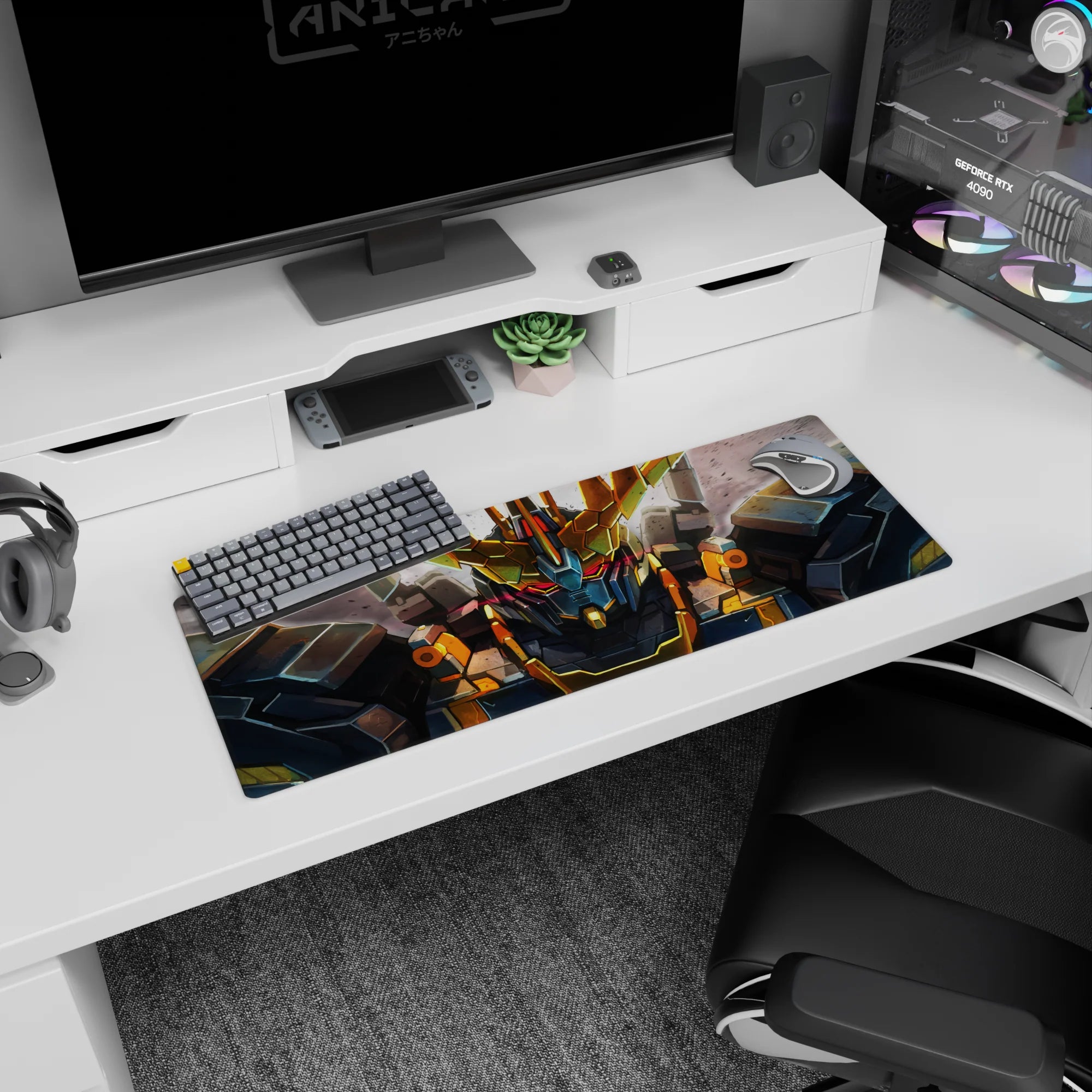 32x12 inches Gundam Unicorn desk mat featuring RX-0 Unicorn Gundam Destroy Mode staring forward in dust.