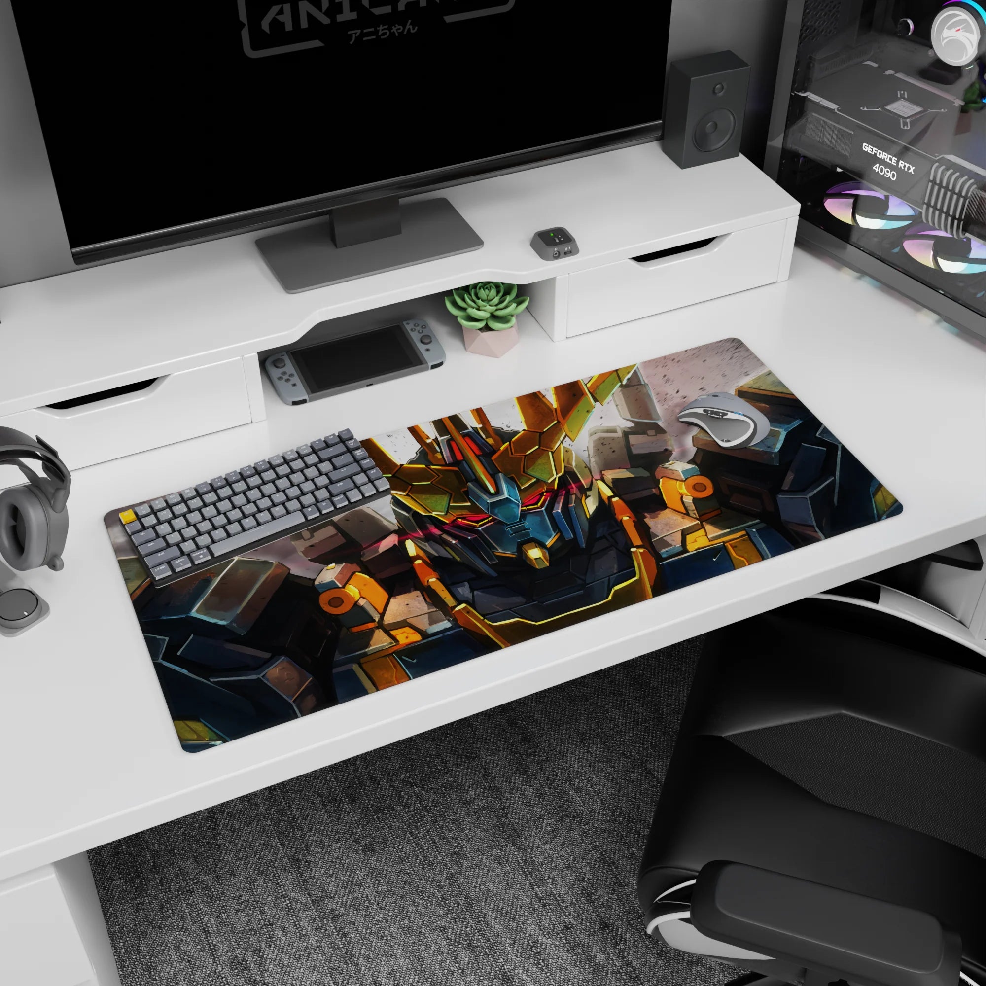 36x16 inches desk mat featuring Mobile Suit Gundam Unicorn RX-0 Unicorn Gundam staring forward in Destroy Mode.