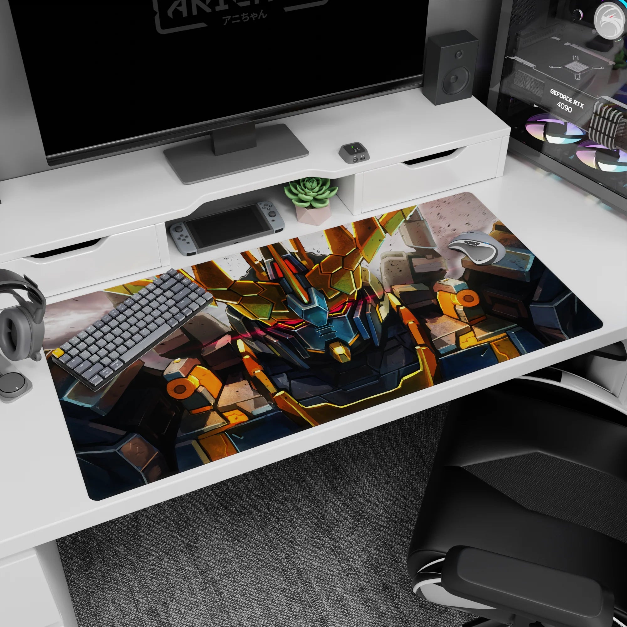 40x20 inches desk pad featuring Unicorn Gundam in Destroy Mode, red warning-slit visor over dusty ruins.