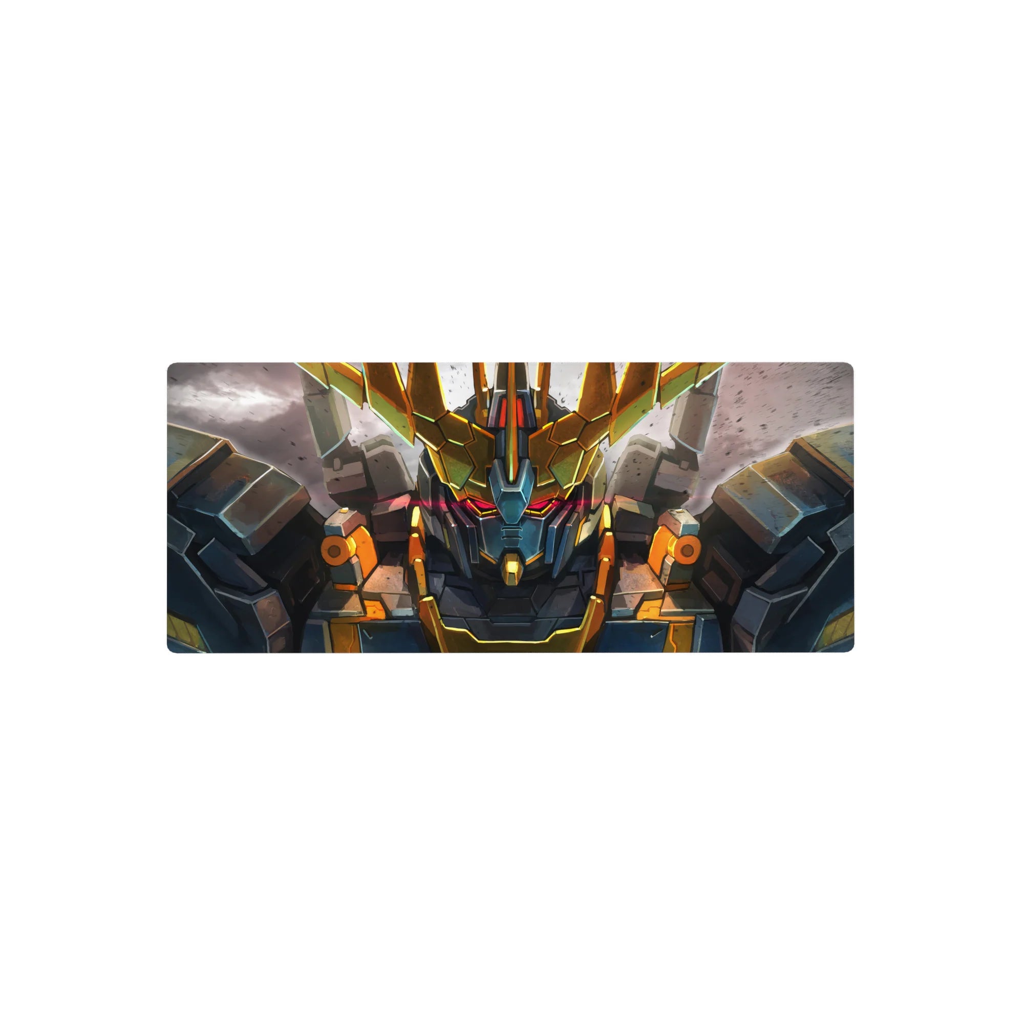 28x12 inches anime mouse pad with RX-0 Unicorn Gundam Destroy Mode on a cracked battlefield backdrop.