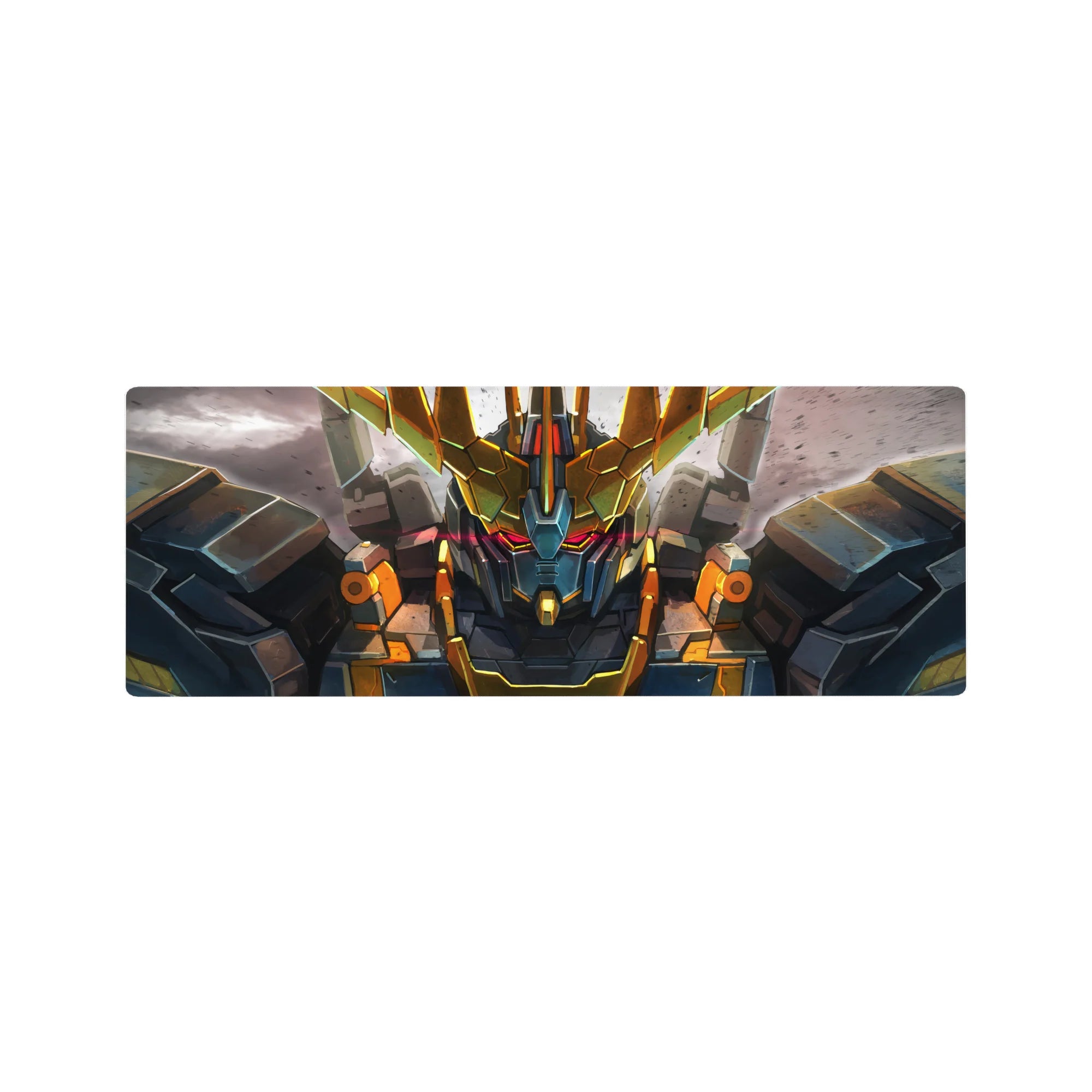 32x12 inches anime mouse pad with Unicorn Gundam Destroy Mode on a cracked battlefield backdrop.