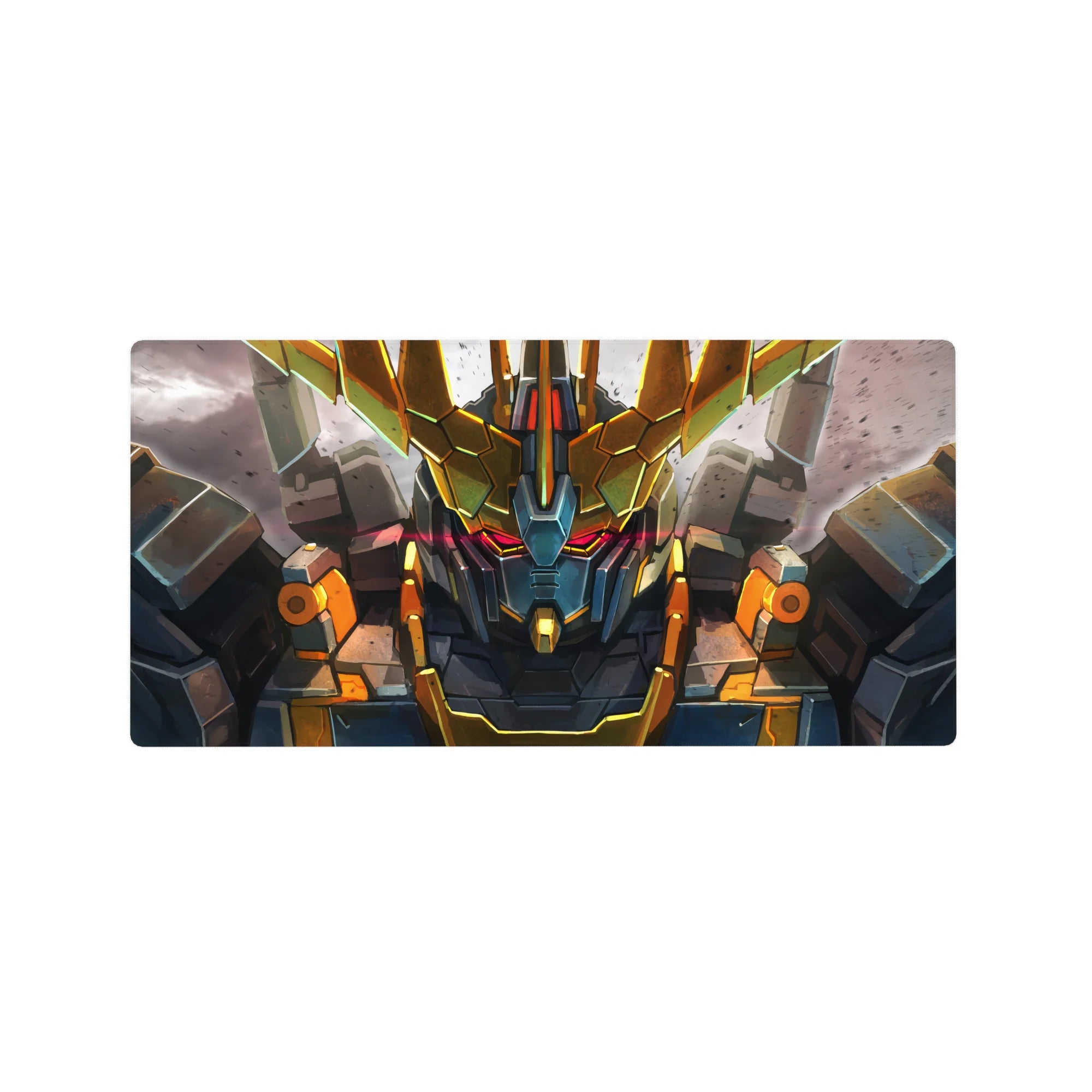 32x16 inches anime mouse pad with Unicorn Gundam Destroy Mode on a cracked battlefield backdrop.