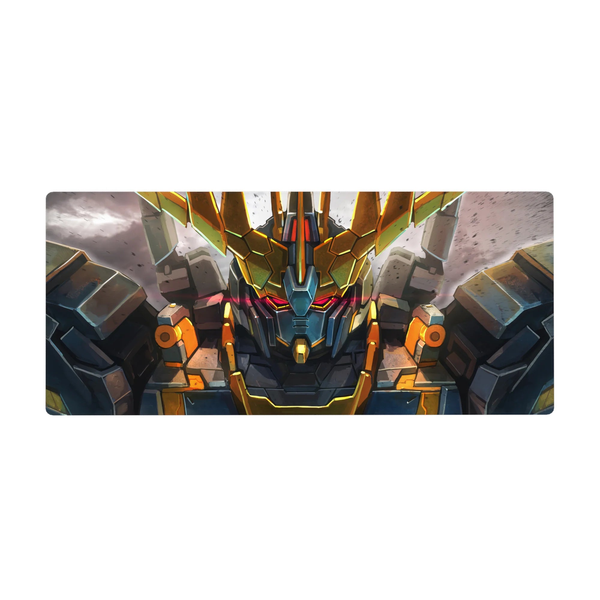 36x16 inches anime desk pad with RX-0 Unicorn Gundam Destroy Mode on a cracked battlefield backdrop.