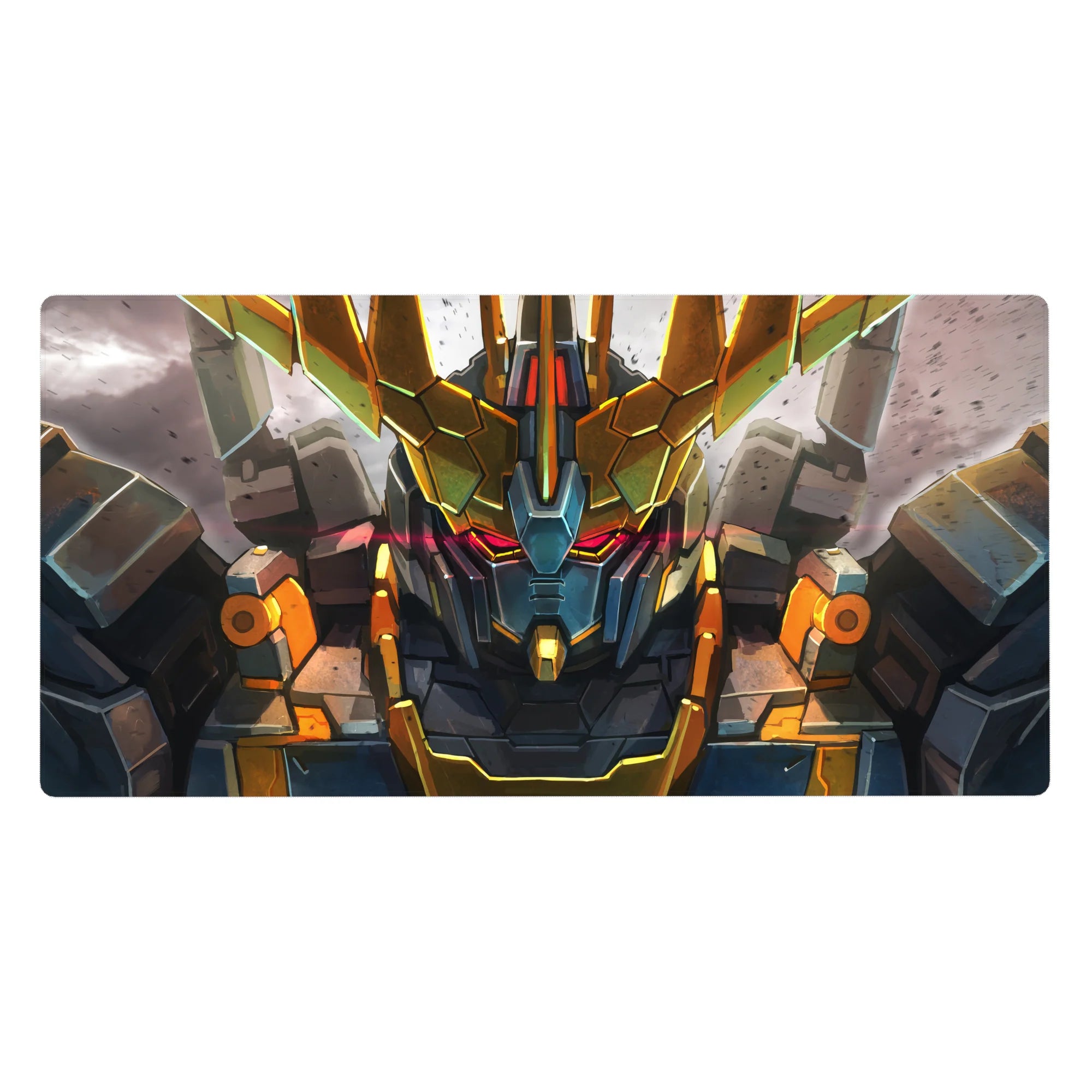 40x20 inches anime desk pad with RX-0 Unicorn Gundam Destroy Mode on a cracked battlefield backdrop.