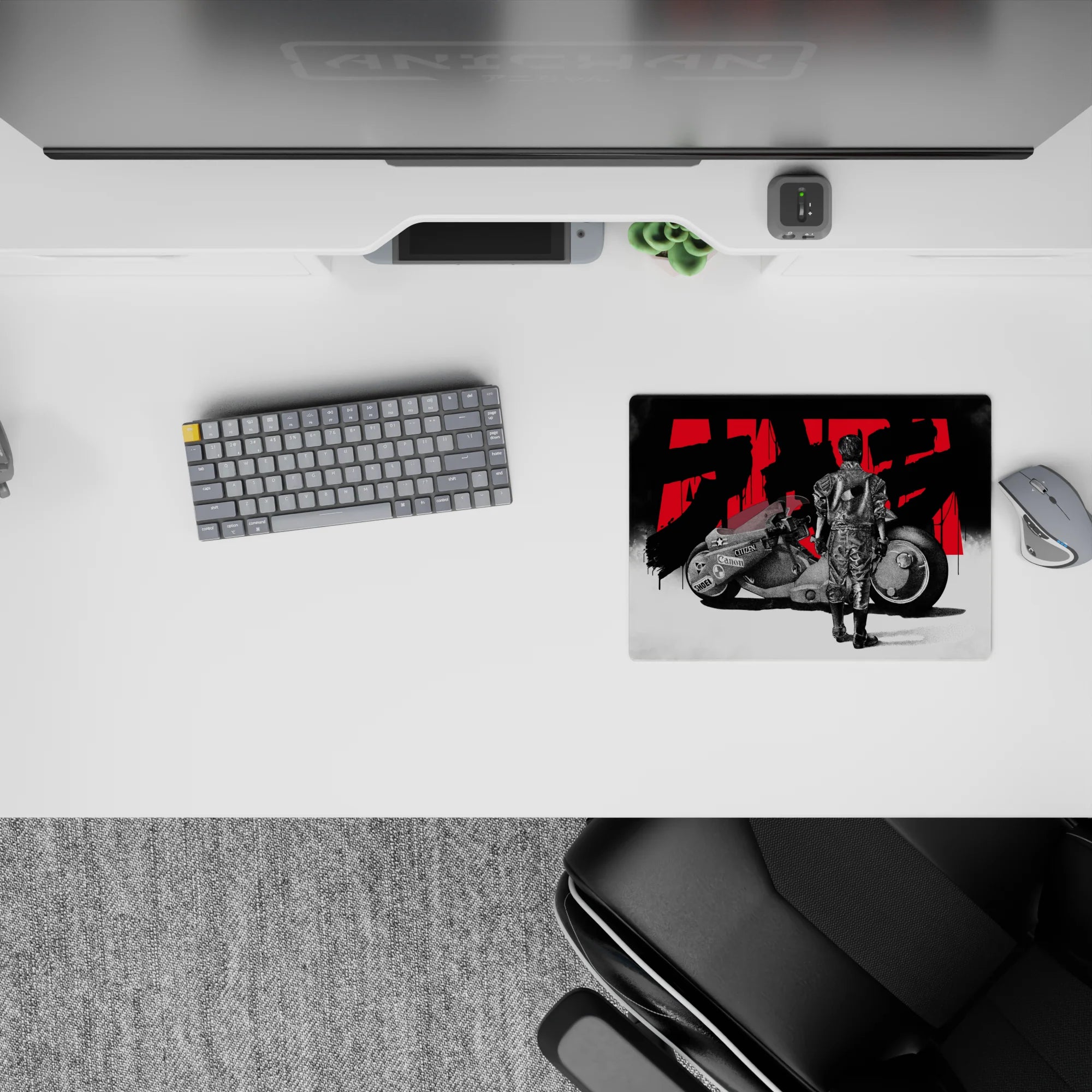 Anime mouse pad 14x10 inches in stark black, white, and bold red kanji, smoky calm-before-speed vibe.