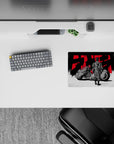 Anime mouse pad 14x10 inches in stark black, white, and bold red kanji, smoky calm-before-speed vibe.
