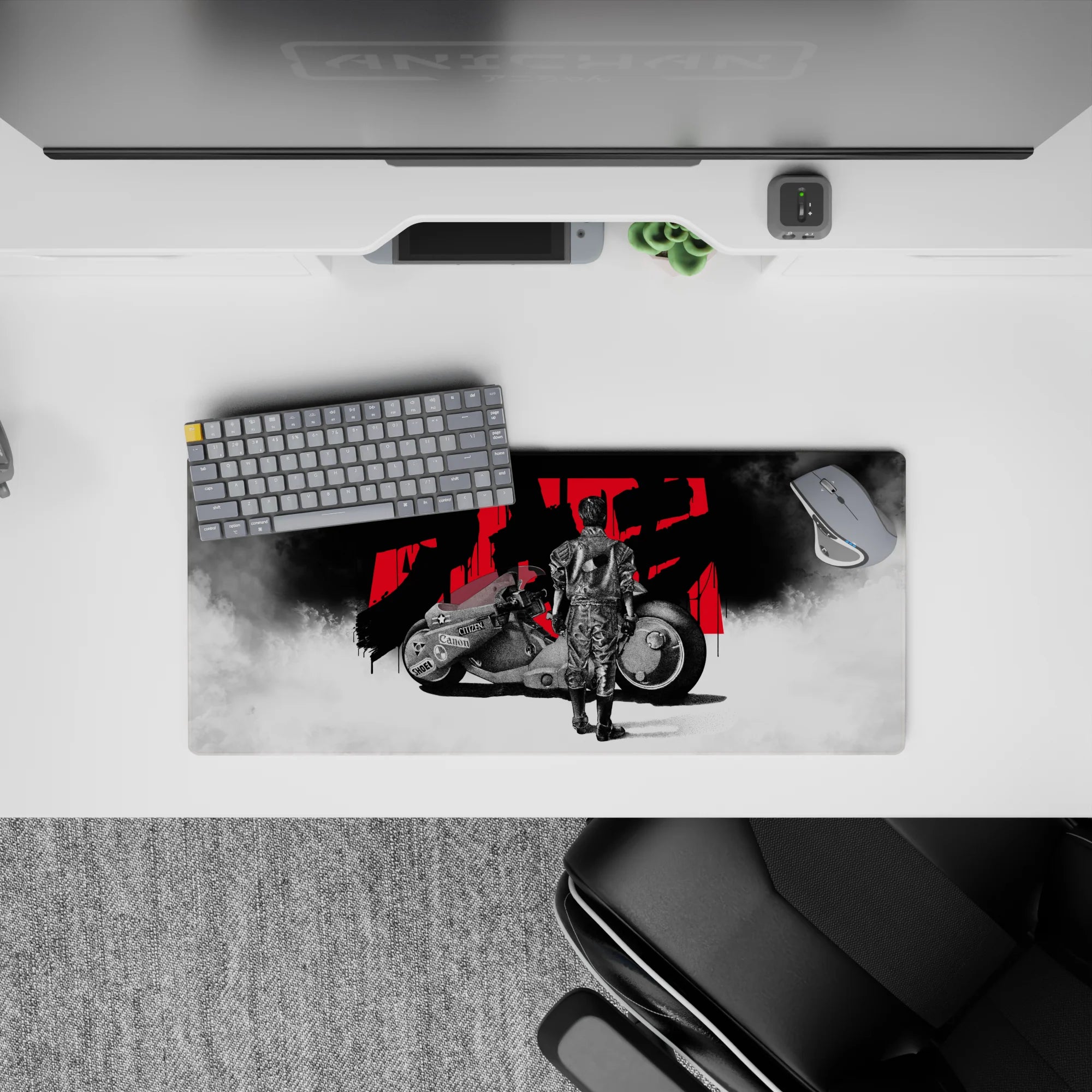 28x12 inches anime mouse pad in smoky white fog with bold reds, high contrast, calm-before-speed vibe.