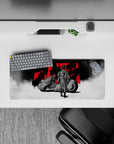28x12 inches anime mouse pad in smoky white fog with bold reds, high contrast, calm-before-speed vibe.