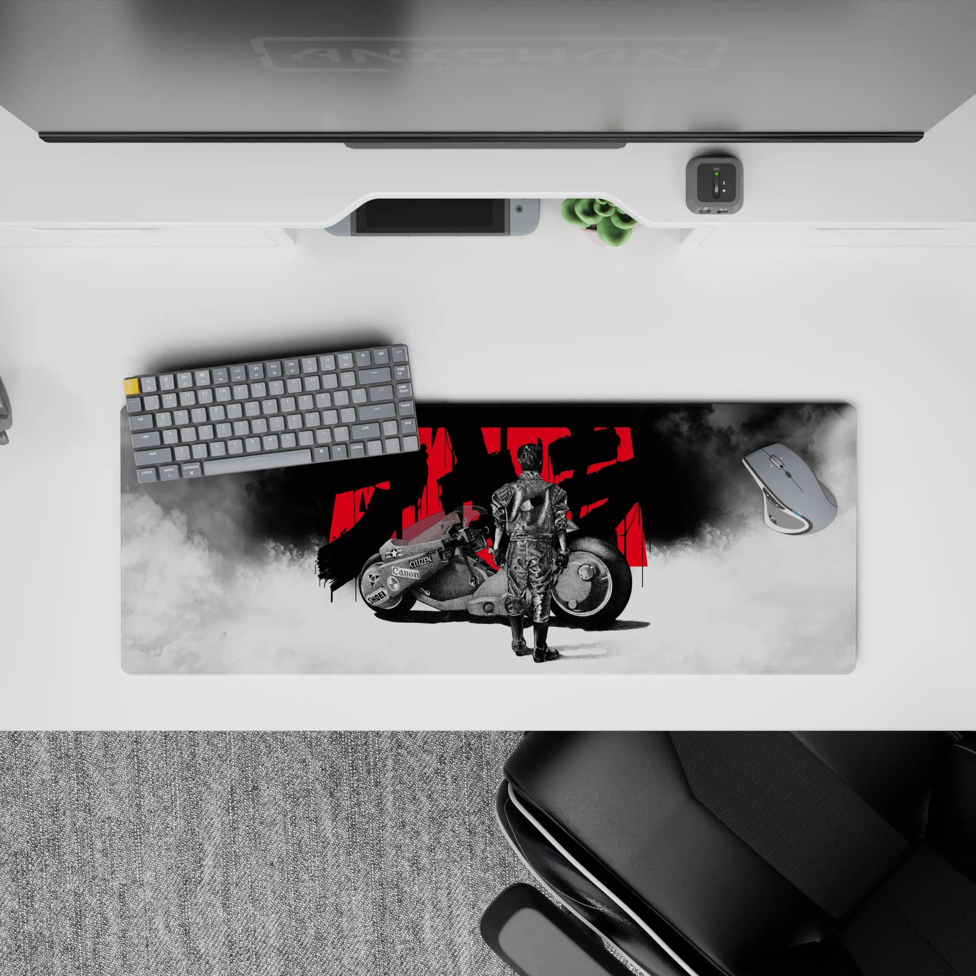 32x12 inches anime mouse pad in stark black and white with bold red accents, smoky calm-before-speed vibe.