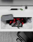 32x12 inches anime mouse pad in stark black and white with bold red accents, smoky calm-before-speed vibe.