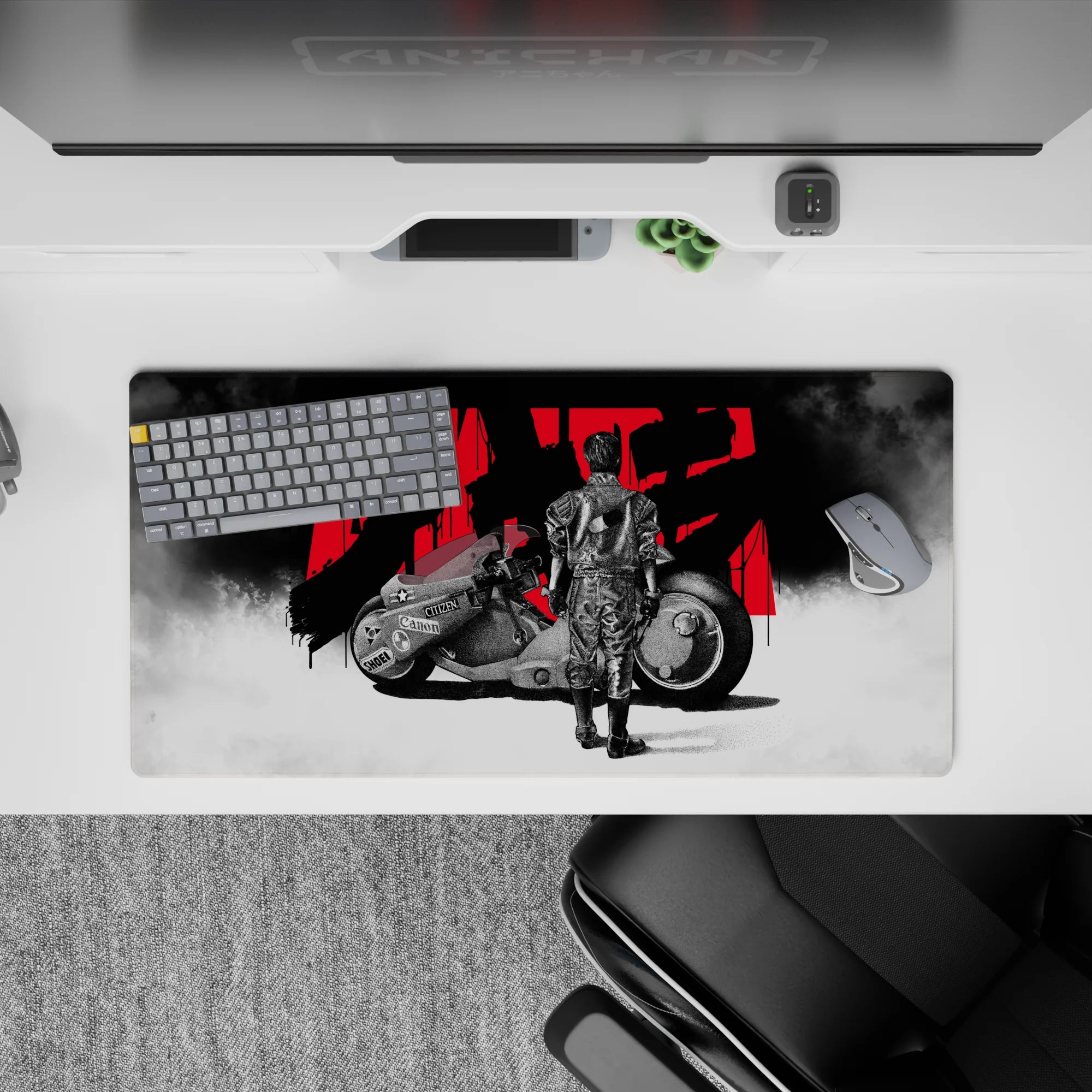 32x16 inches anime mouse pad in stark black, white smoke, and bold red accents for cyber-racer calm.