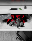 36x16 inches anime desk pad in stark black-and-white with bold red kanji, quiet pre-race mood.