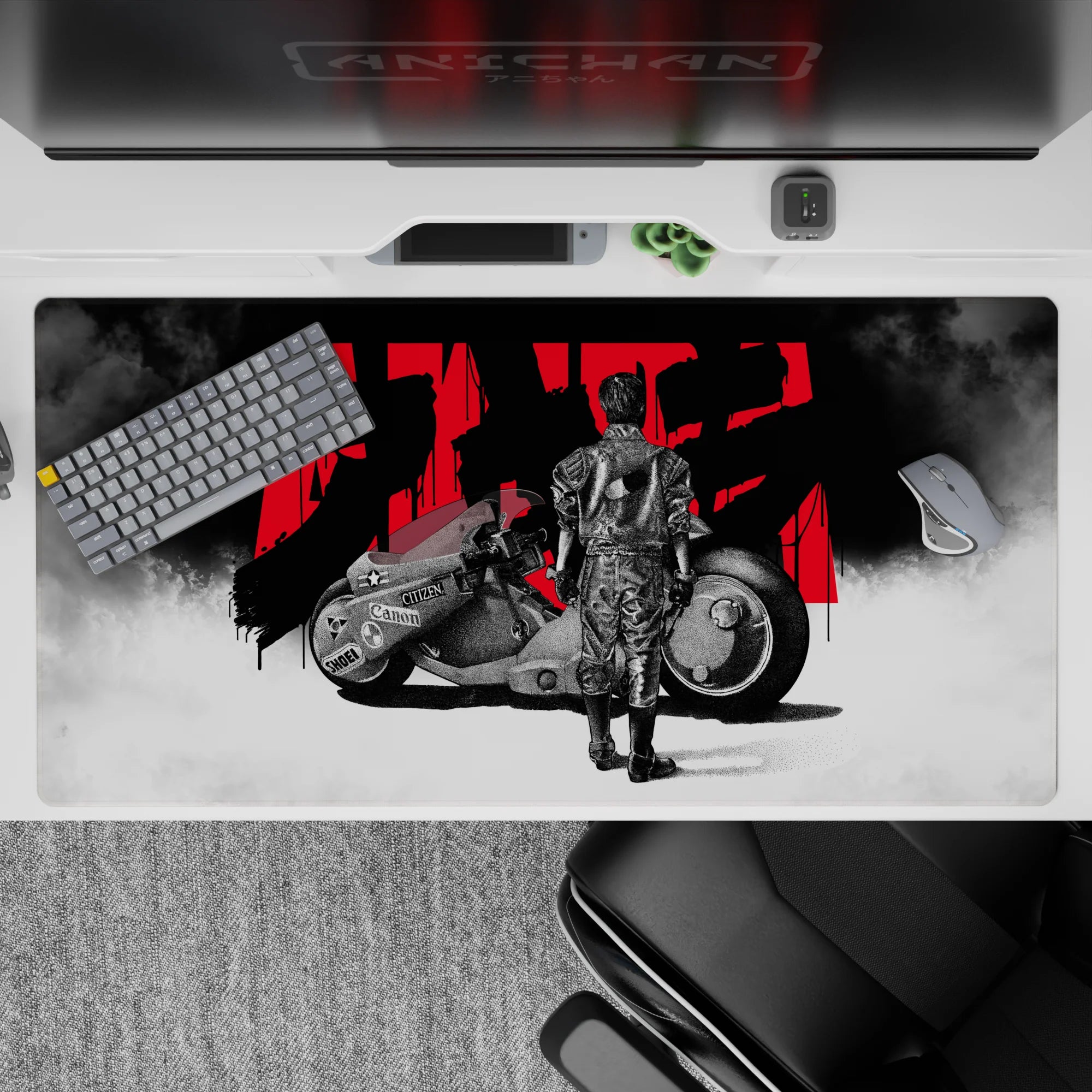 40x20 inches anime desk pad in smoky monochrome with bold red kanji accents, calm-before-speed vibe.