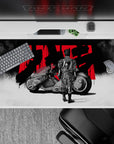 40x20 inches anime desk pad in smoky monochrome with bold red kanji accents, calm-before-speed vibe.