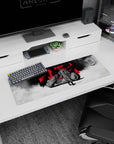 32x12 inches anime mouse pad showing rider from behind in worn leather beside a sleek black bike in mist.
