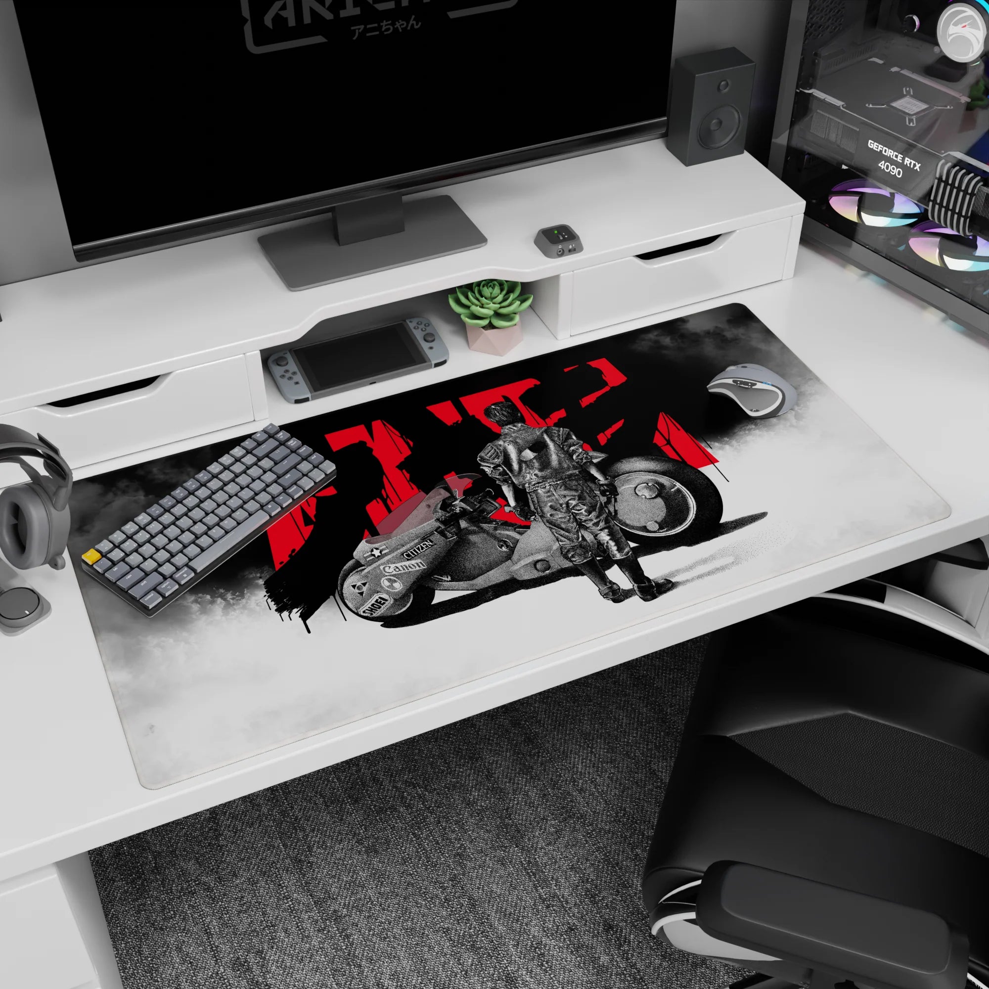 40x20 inches anime desk pad showing biker in creased leather suit, back turned beside sleek black bike.